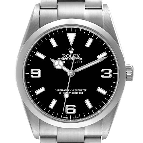 The image shows a front view of a Rolex Explorer 114270 Men's Stainless Steel Black Dial watch, displaying the dial, hour markers, and part of the bracelet.