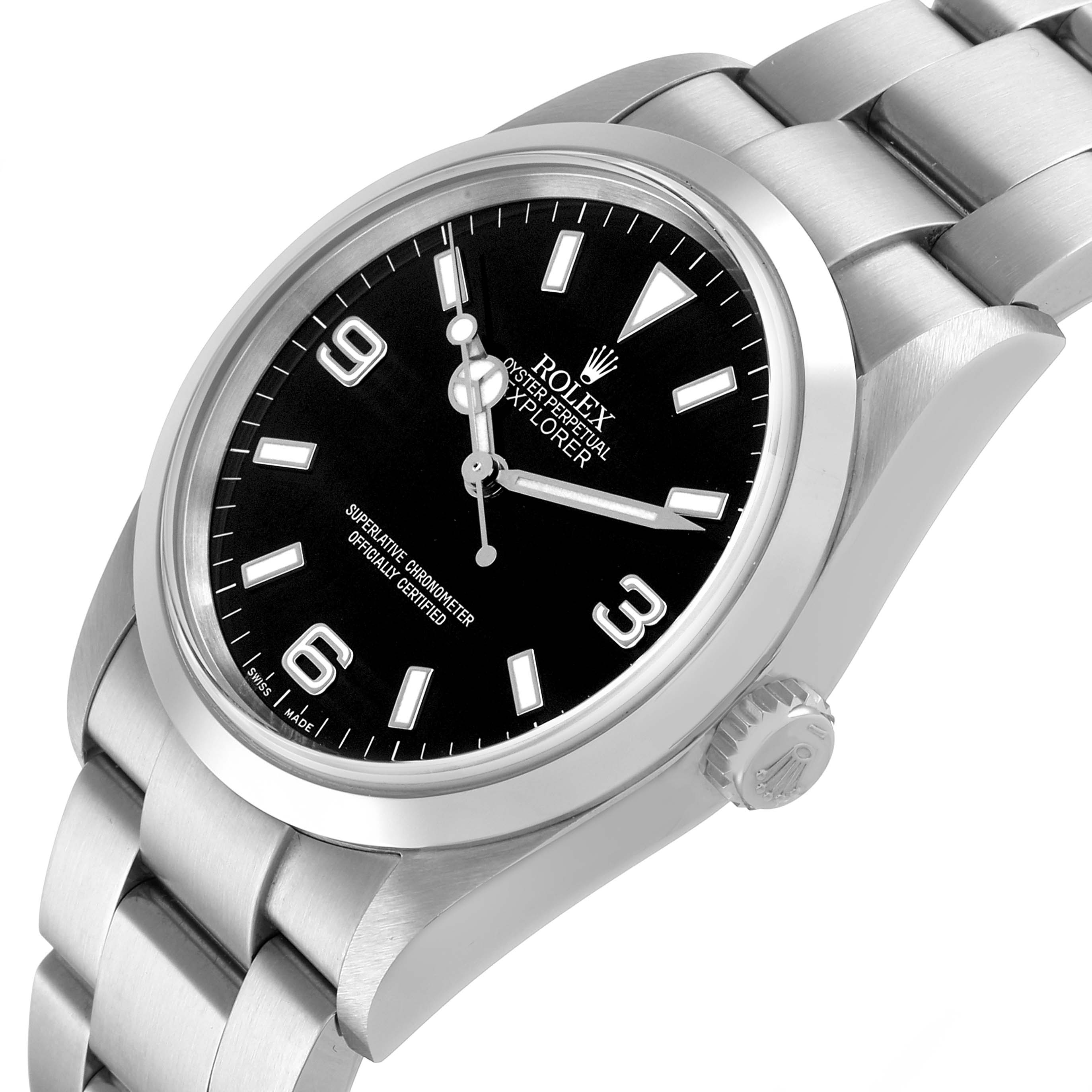 The Rolex Explorer 114270 Men's Stainless Steel Black Dial watch is shown from an angled side view, highlighting the face, bezel, and bracelet.