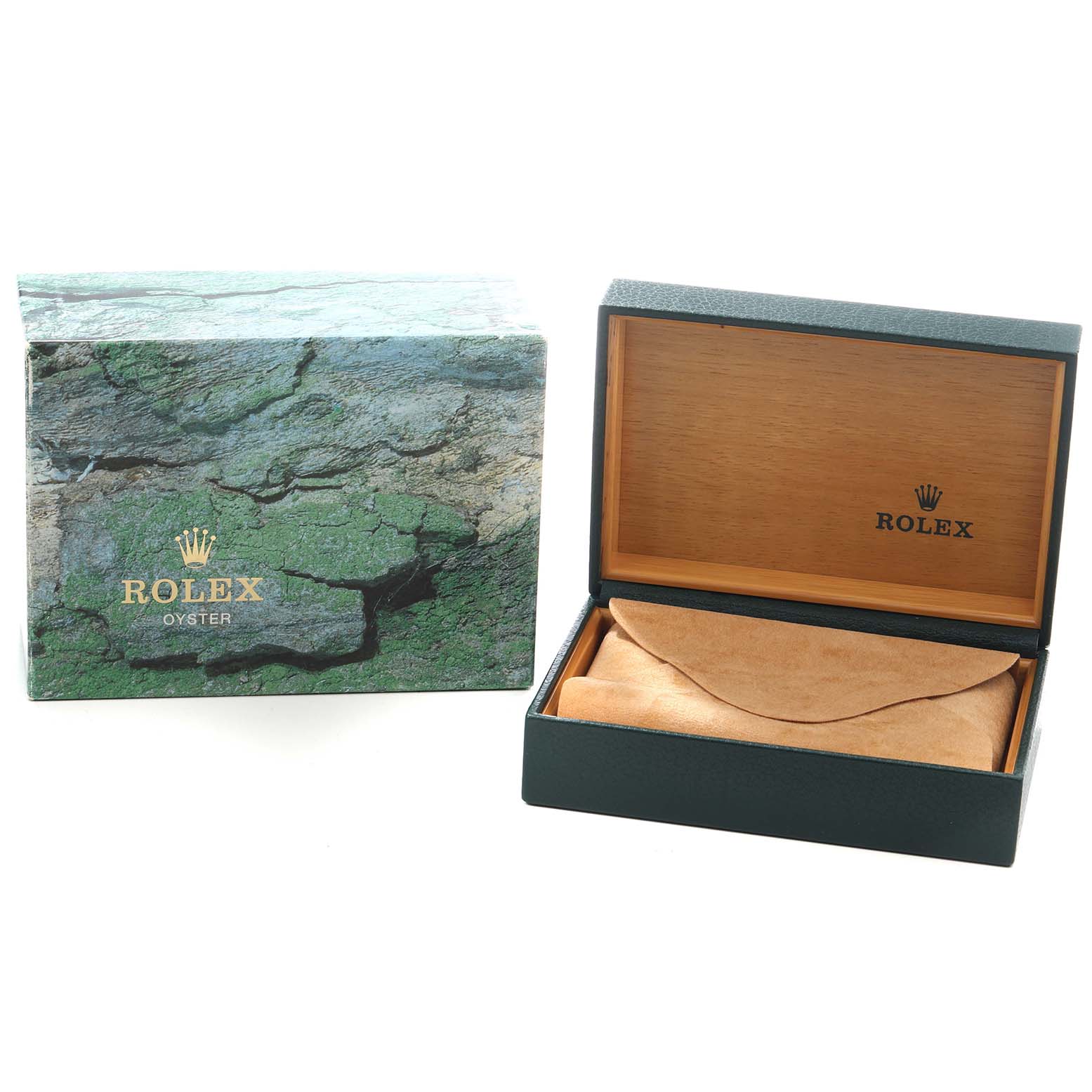 The image shows a Rolex Explorer 114270 Men's Stainless Steel Black Dial box and watch case, with the box closed and the case open, revealing a suede interior.