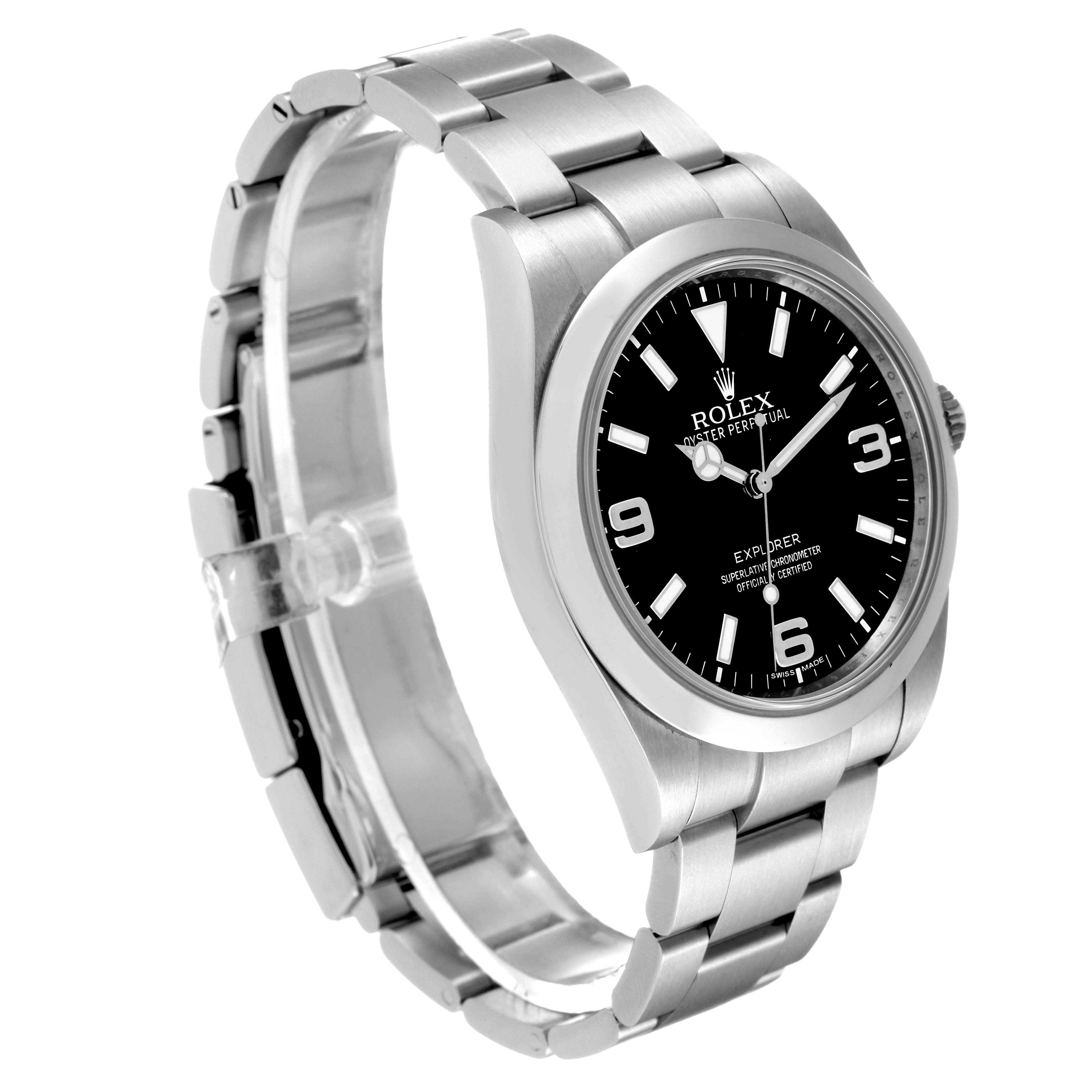 The image shows a side-angle view of the Rolex Explorer 214270 Men's Stainless Steel Black Dial 214270 Men's Stainless Steel Black Dial watch, highlighting the dial, bezel, and bracelet.