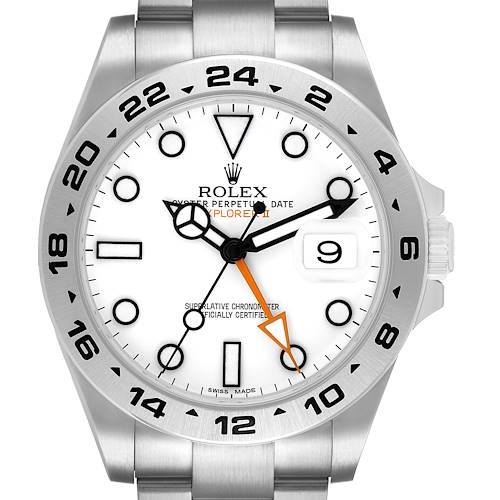 The Rolex Explorer 216570 Men's Stainless Steel White Dial watch is shown from a front angle, highlighting its dial, bezel, and bracelet.