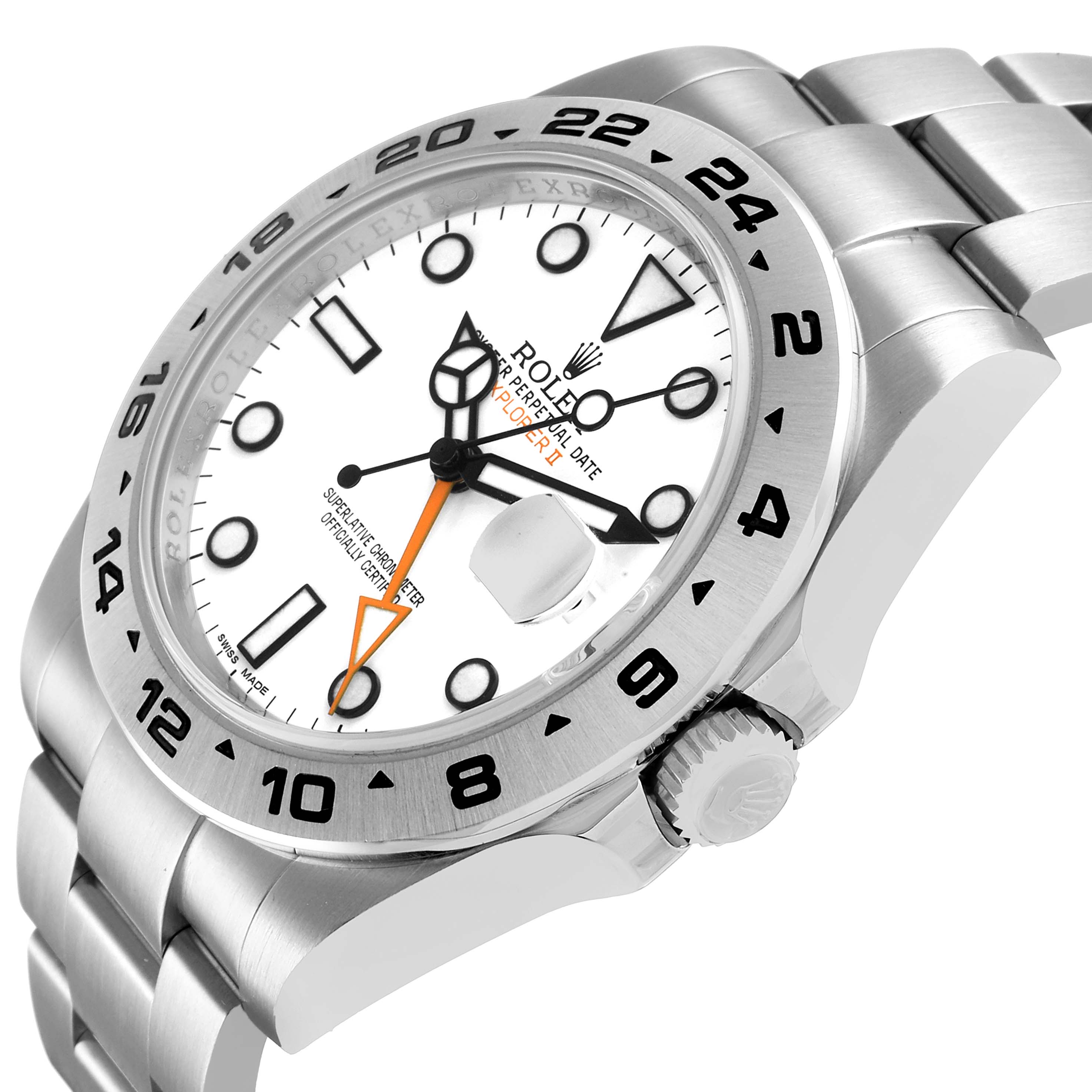 The Rolex Explorer 216570 Men's Stainless Steel White Dial watch is shown at a three-quarter angle, highlighting the face, bezel, crown, and bracelet links.