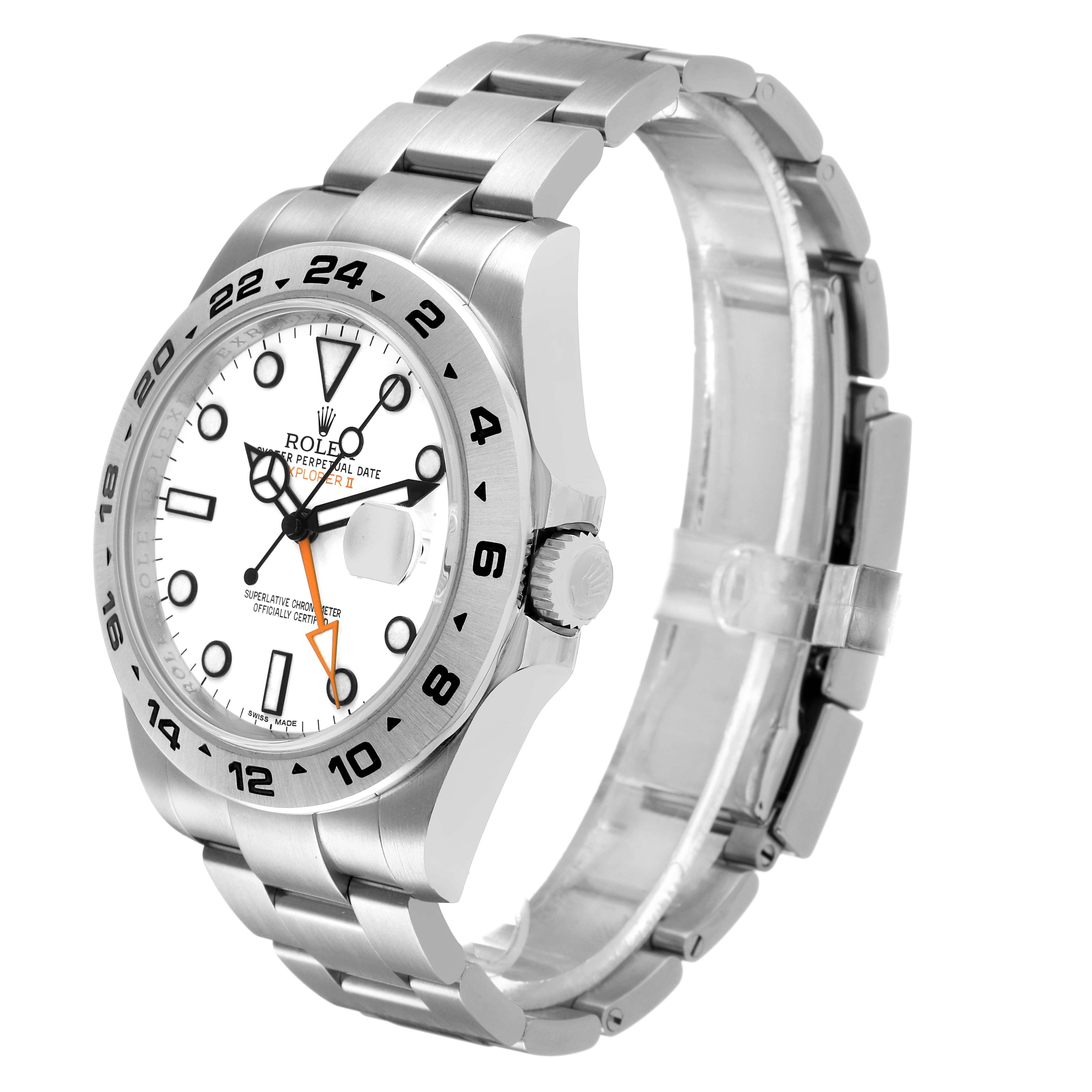 The Rolex Explorer 216570 Men's Stainless Steel White Dial watch is shown at a three-quarter angle, highlighting the bezel, crown, and bracelet.