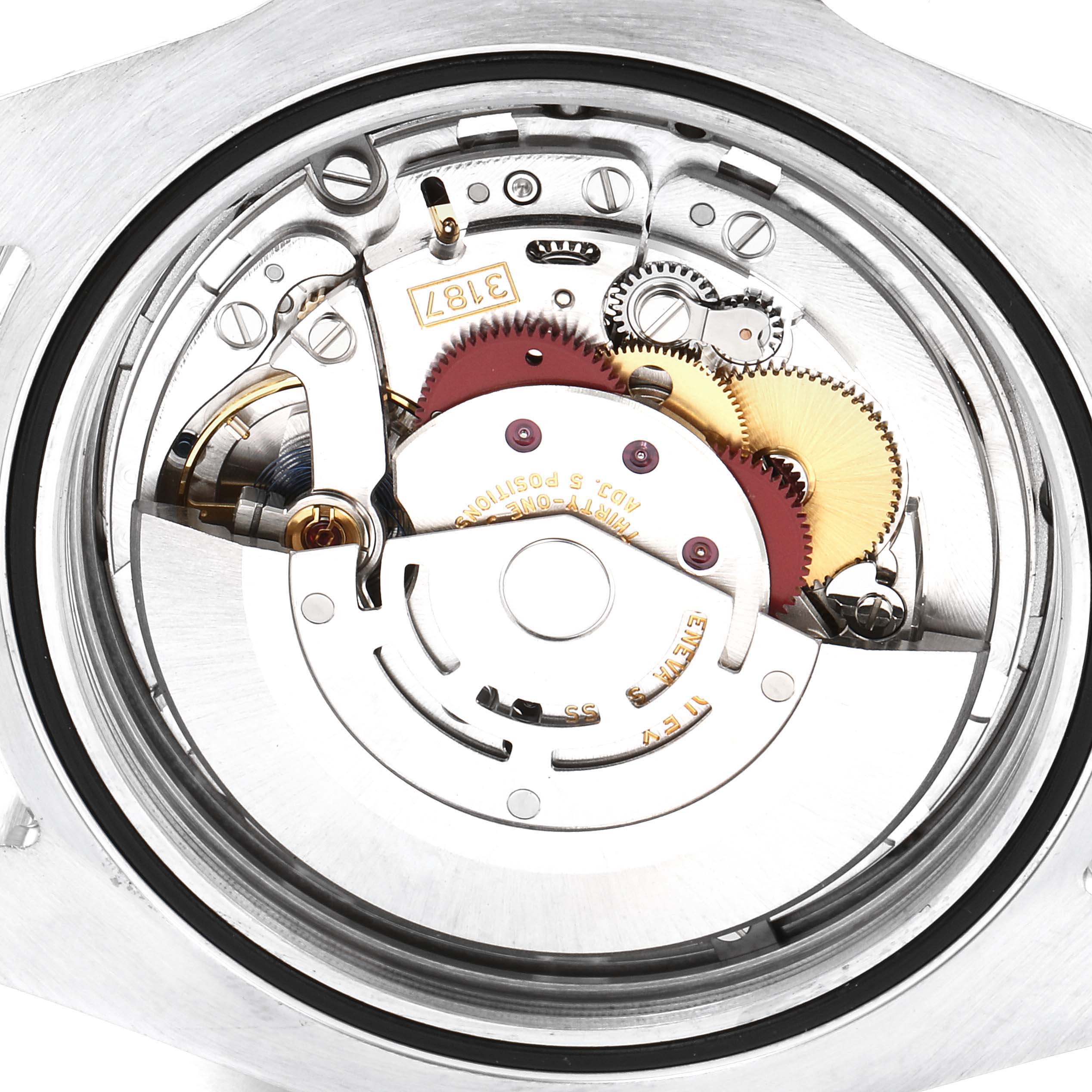 The image shows the internal mechanism of a Rolex Explorer 216570 Men's Stainless Steel White Dial 216570 Men's Stainless Steel White Dial watch from a close-up, detailed angle.