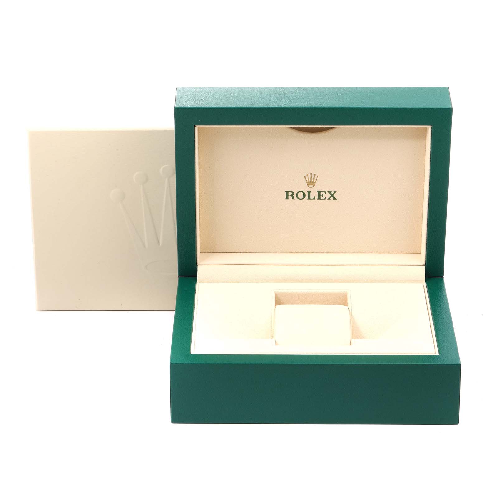 The image shows an open Rolex Explorer 216570 Men's Stainless Steel White Dial 216570 Men's Stainless Steel White Dial watch box with the Rolex logo inside and the outer packaging behind it.