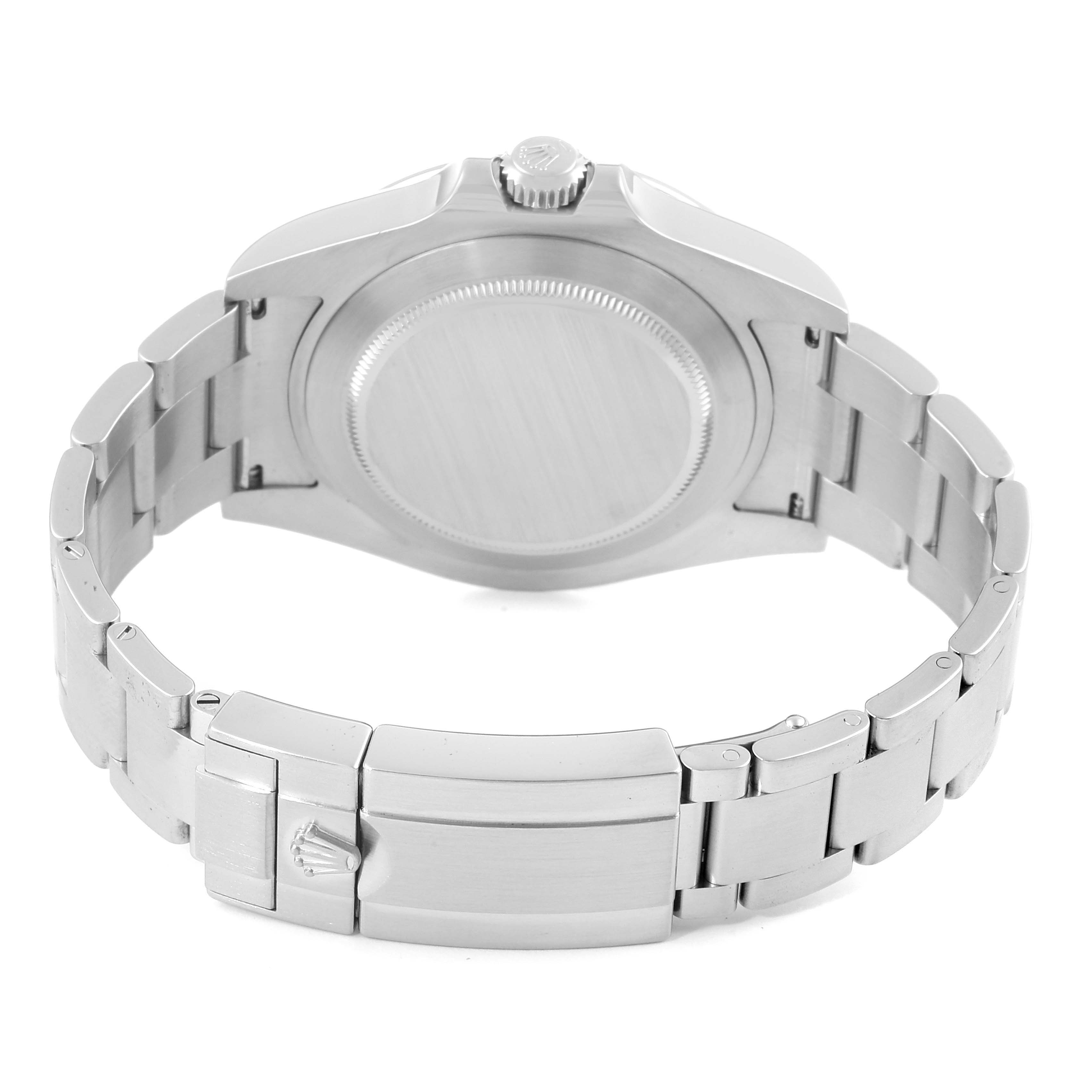 The image shows the Rolex Explorer 216570 Men's Stainless Steel White Dial 216570 Men's Stainless Steel White Dial watch from the rear, highlighting its closed case back, bracelet, and clasp.