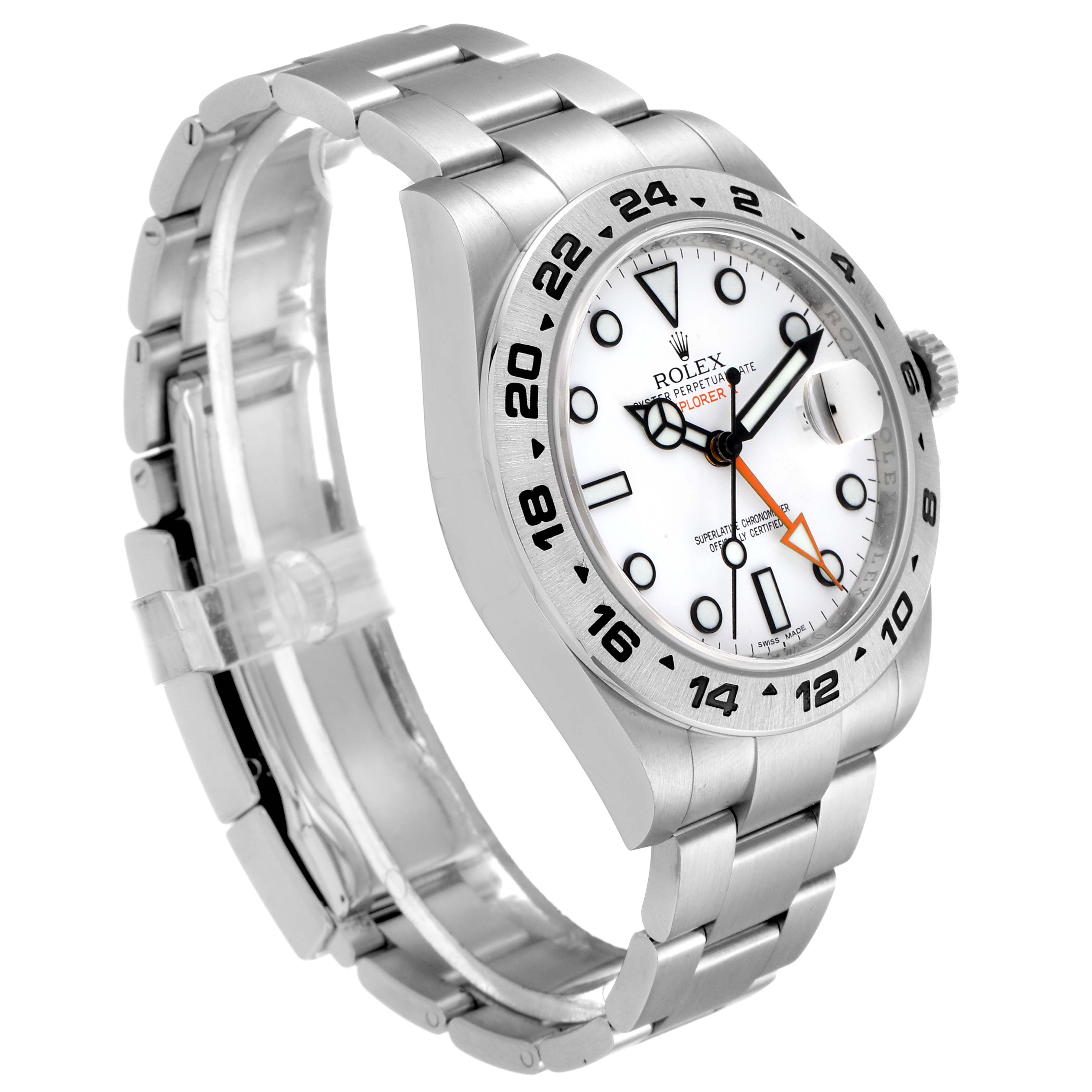 The image shows a Rolex Explorer 216570 Men's Stainless Steel White Dial 216570 Men's Stainless Steel White Dial watch angled to display its face, bezel, and stainless steel bracelet.