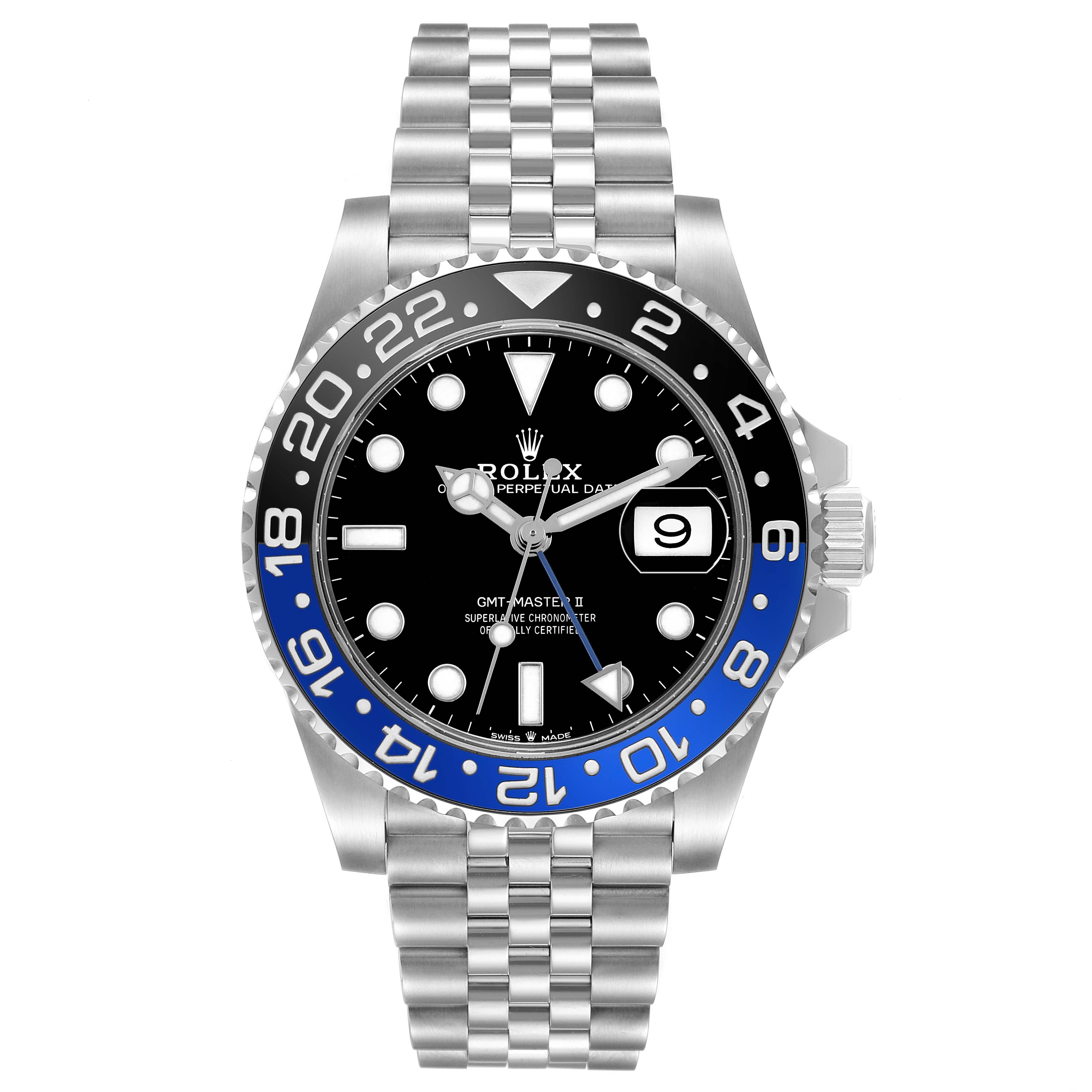 The Rolex GMT-Master 126710 Men's Stainless Steel Black Dial watch is shown from the front, highlighting the bezel, dial, hands, and bracelet.