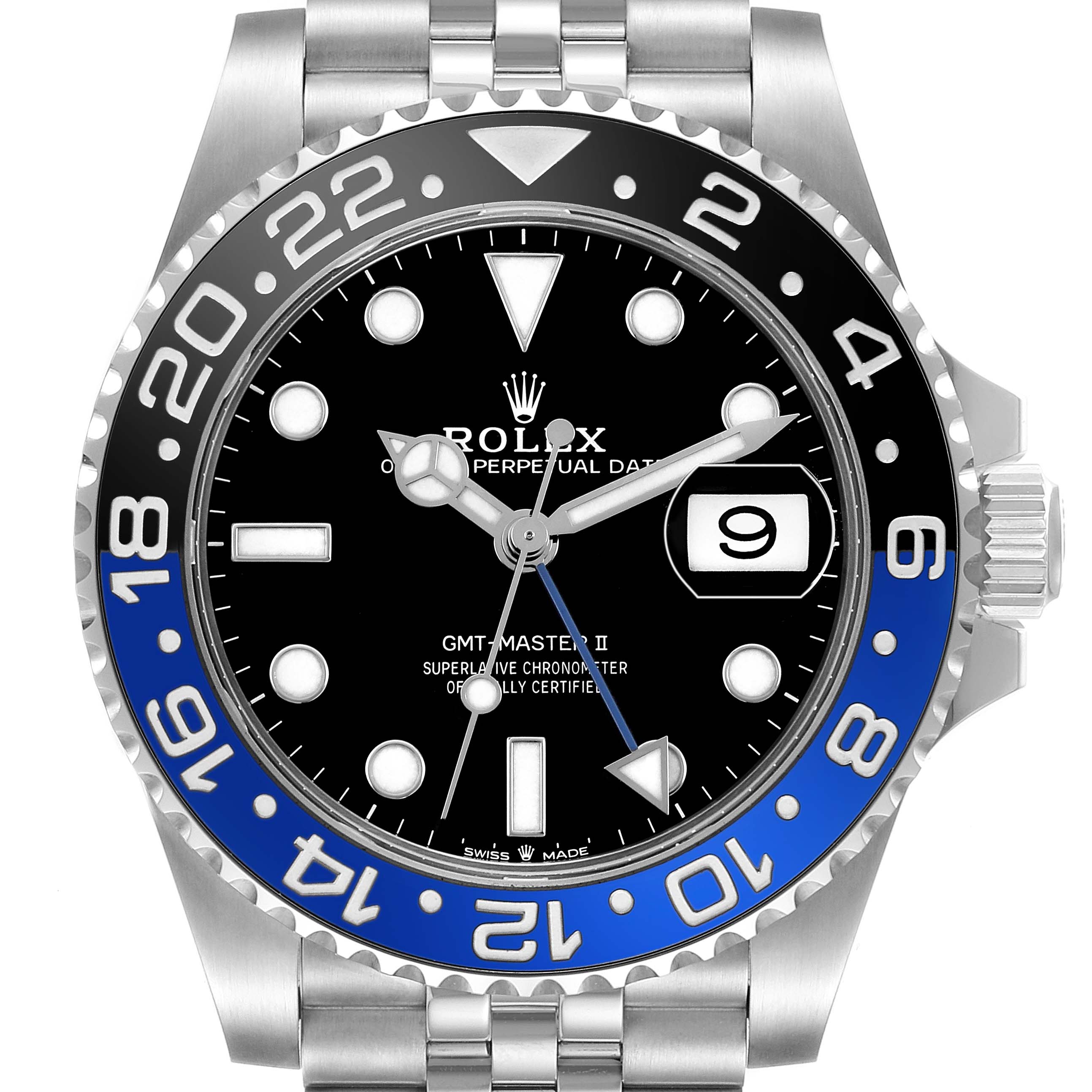 The Rolex GMT-Master 126710 Men's Stainless Steel Black Dial II watch is shown from the front, highlighting the dial, bezel, and part of the bracelet.
