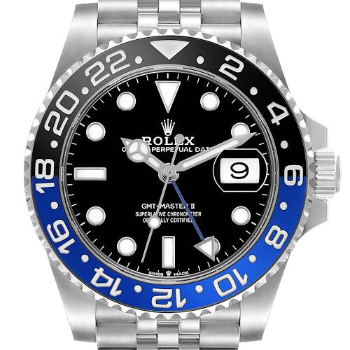 The image shows a front view of the Rolex GMT-Master 126710 Men's Stainless Steel Black Dial II watch, highlighting its bezel, dial, hands, and date window.
