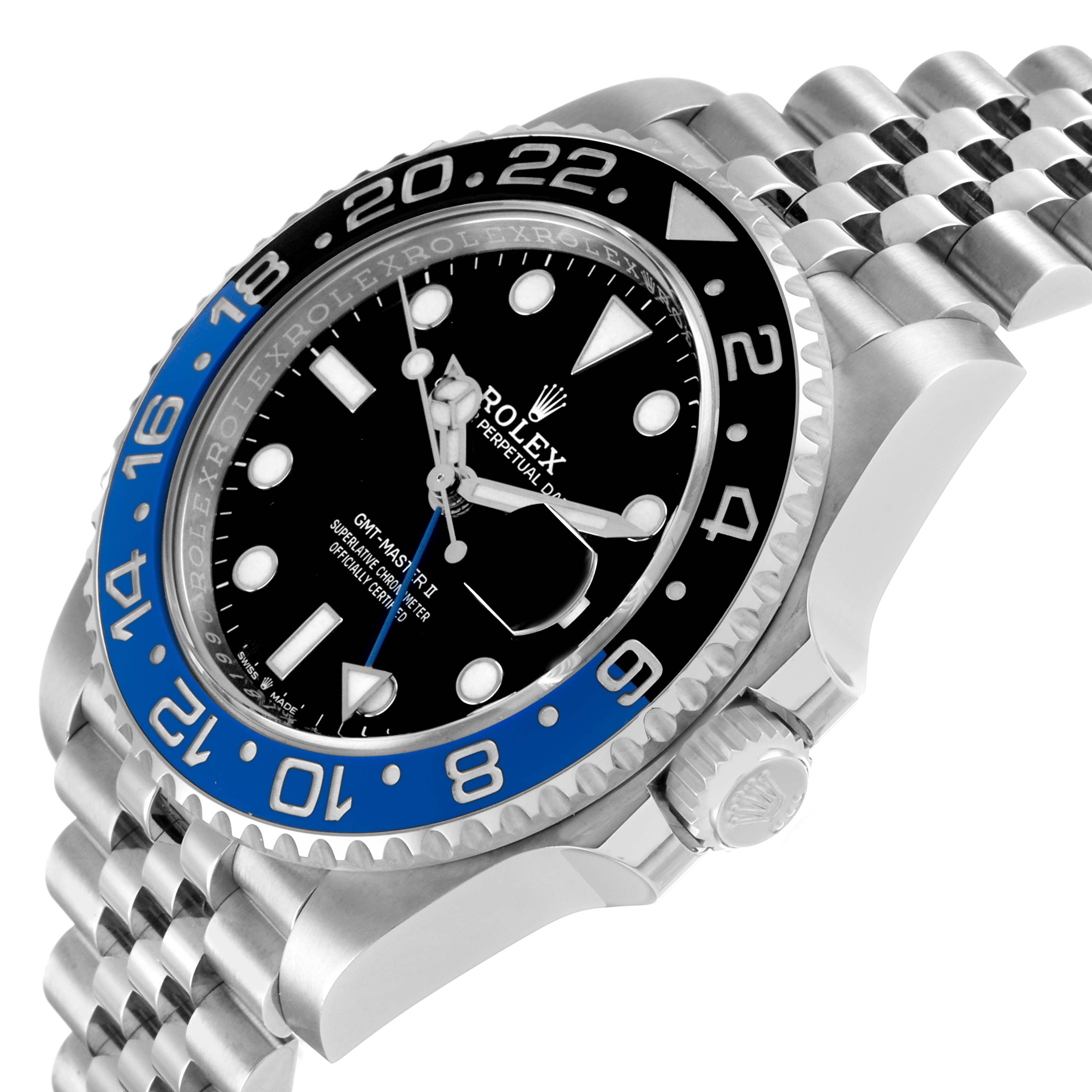 The Rolex GMT-Master 126710 Men's Stainless Steel Black Dial watch is shown at a three-quarter angle, highlighting the bezel, dial, hands, and bracelet.