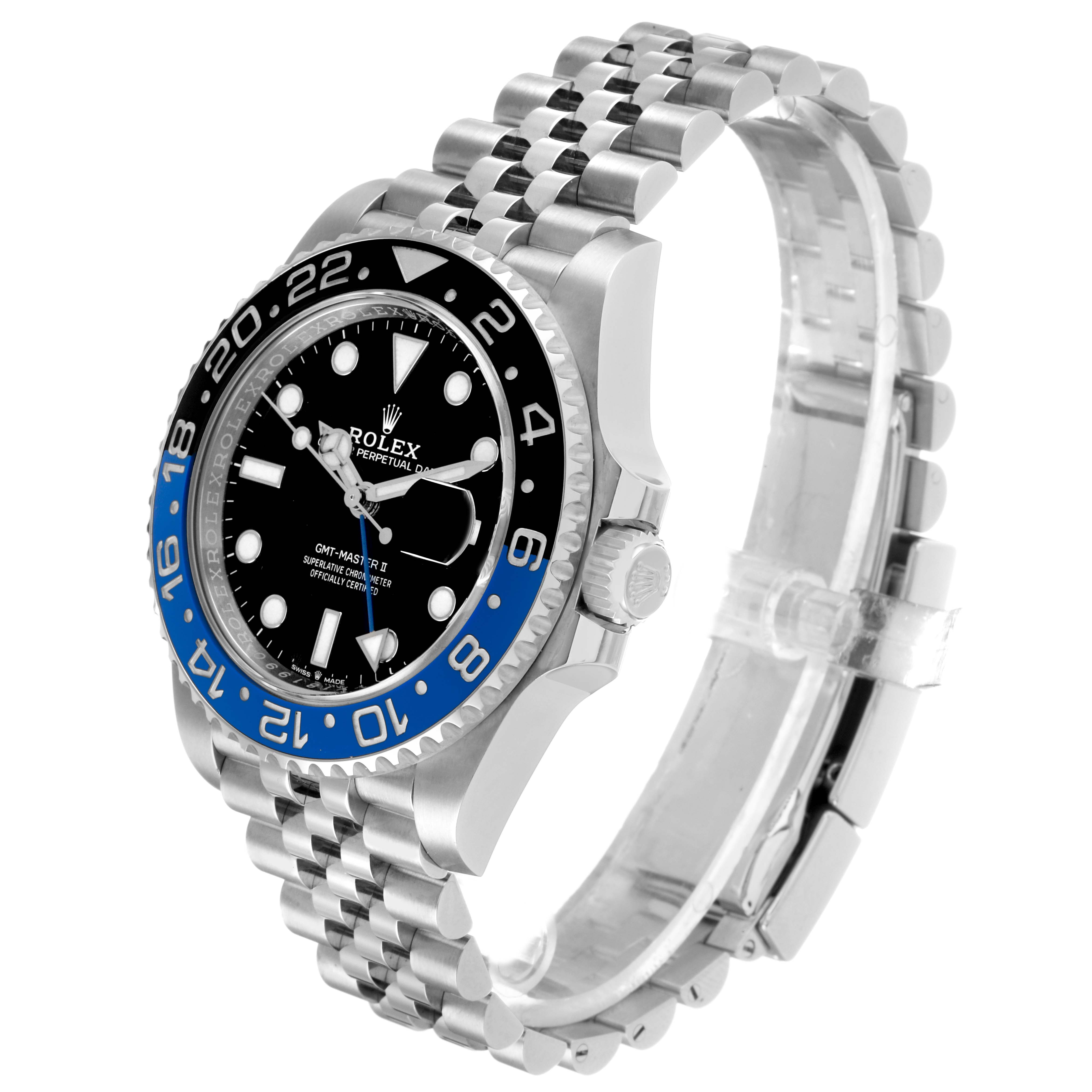 The image shows a Rolex GMT-Master 126710 Men's Stainless Steel Black Dial from a side angle, highlighting the bezel, dial, crown, and bracelet.