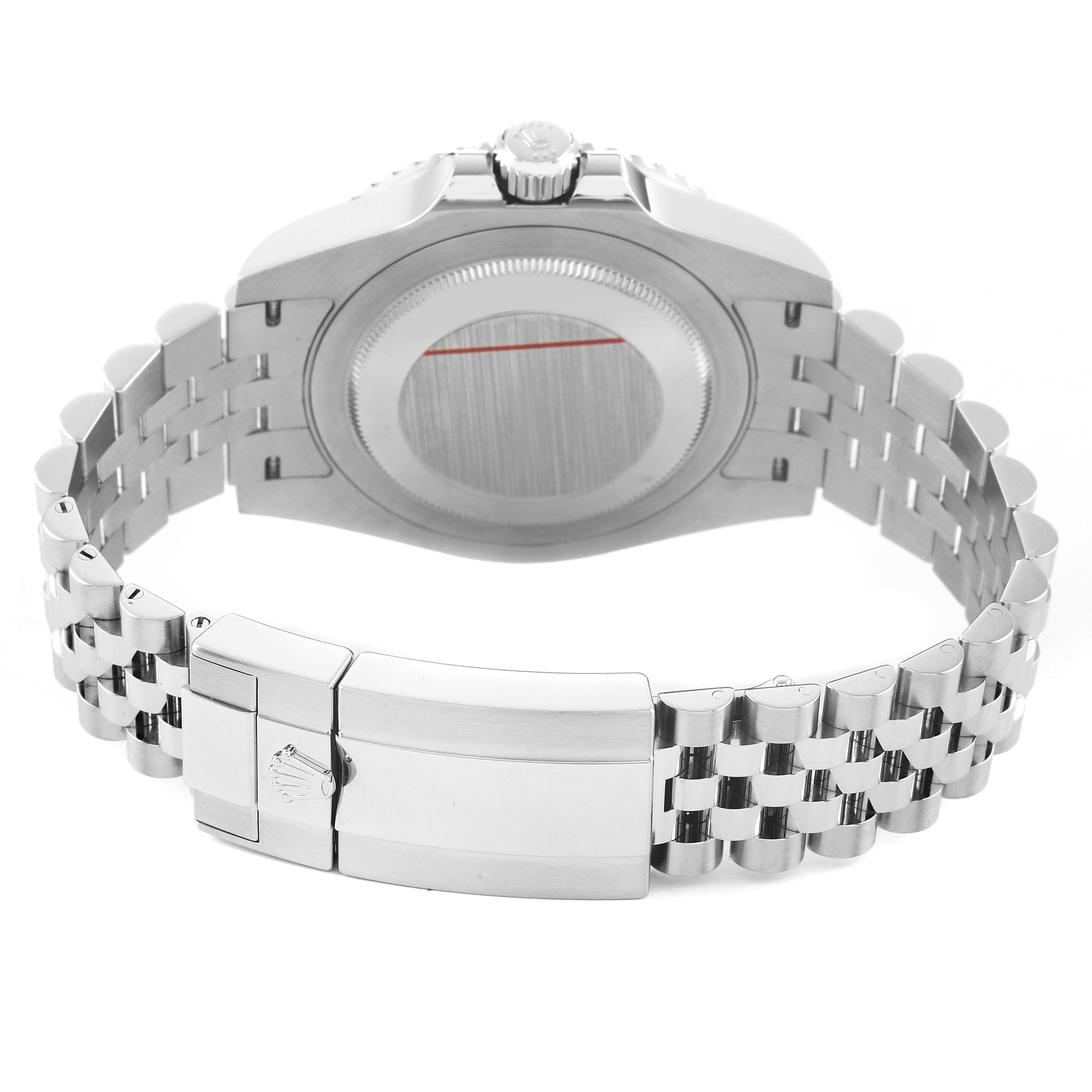 The image shows the back of a Rolex GMT-Master 126710 Men's Stainless Steel Black Dial, featuring the watch case and bracelet clasp.