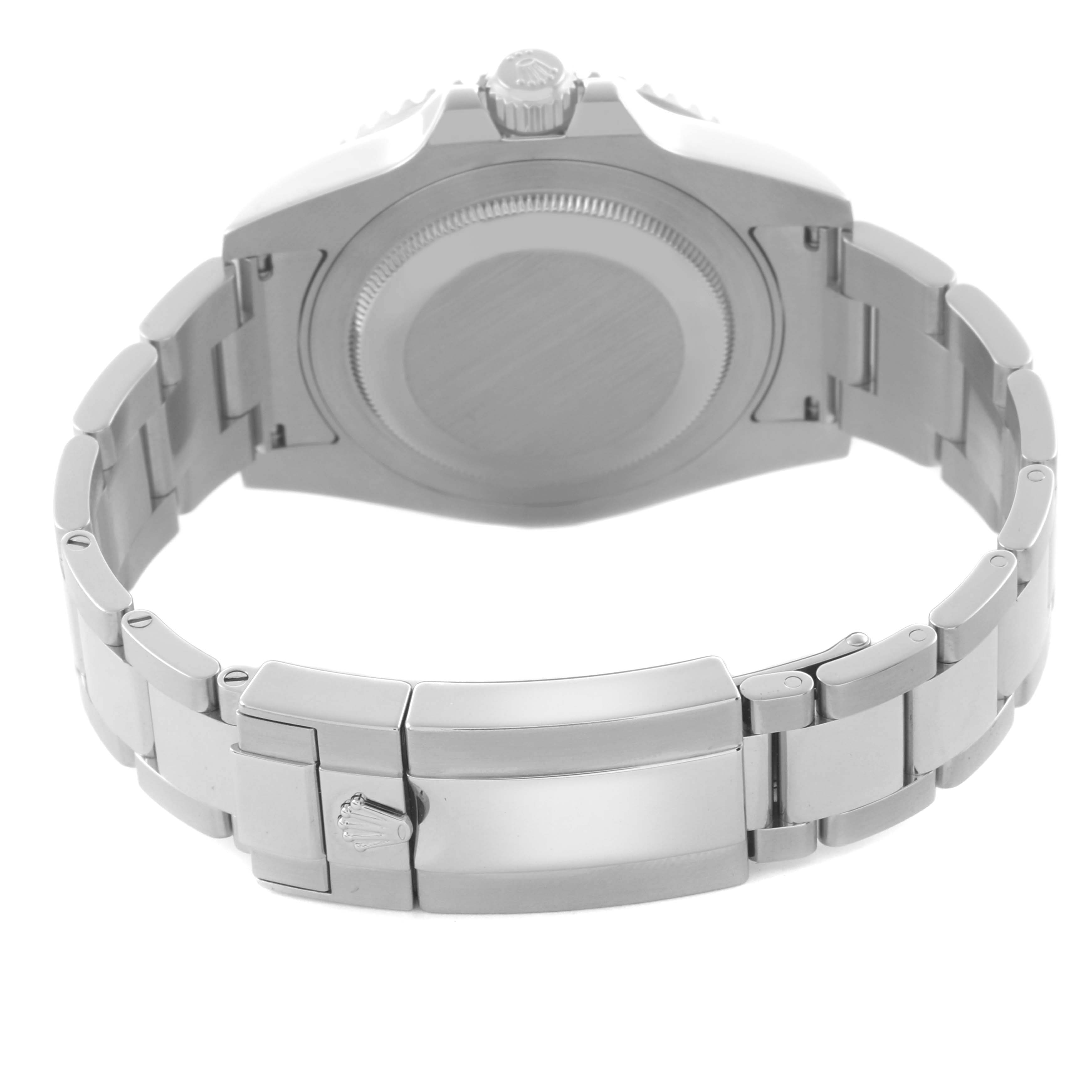 The image shows the back view of a Rolex GMT-Master 116710LN Men's Stainless Steel Black Dial 116710LN Men's Stainless Steel Black Dial watch, highlighting the case back, bracelet, and clasp.