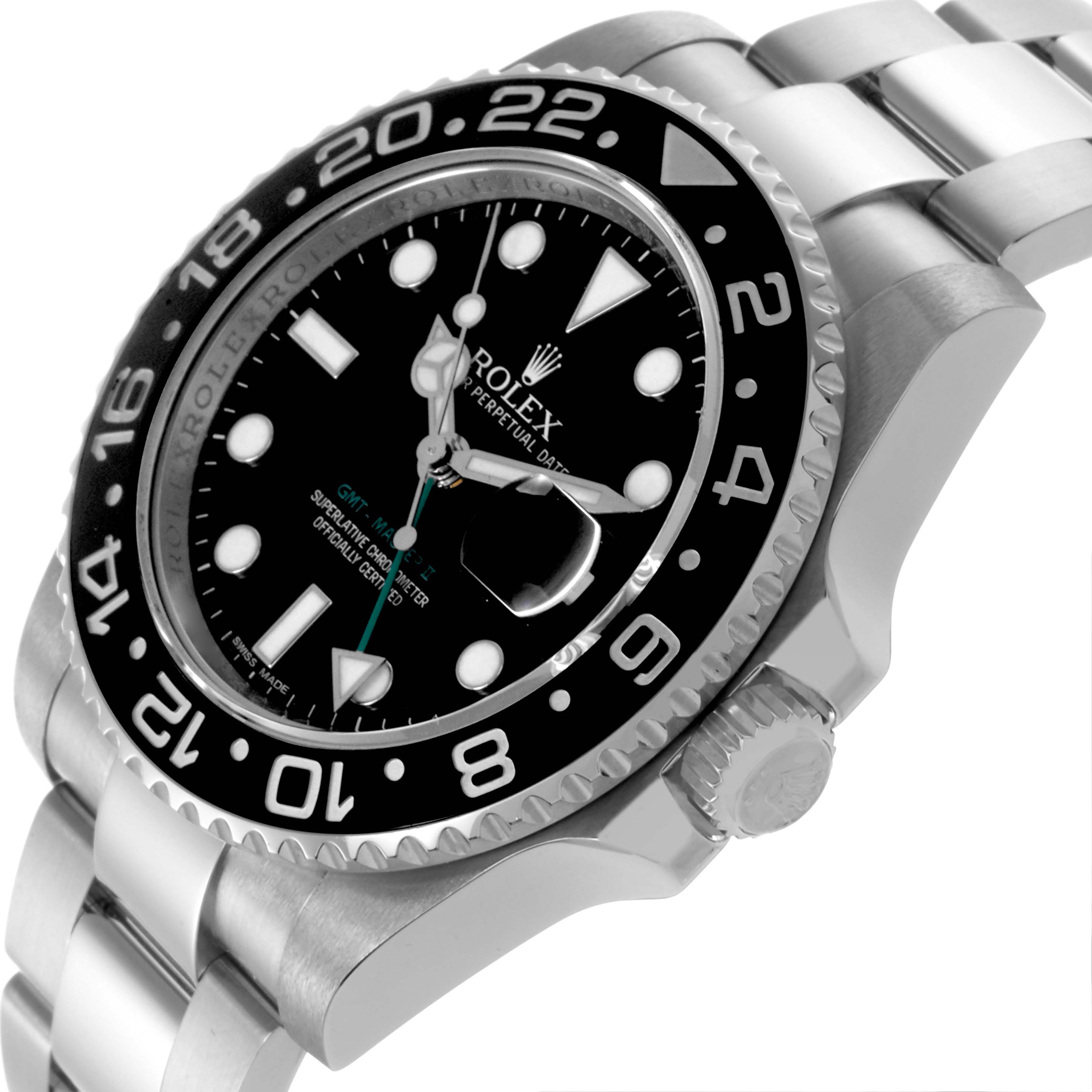 The image shows the Rolex GMT-Master 116710LN Men's Stainless Steel Black Dial 116710LN Men's Stainless Steel Black Dial watch at an angled side view, highlighting the bezel, crown, and bracelet.