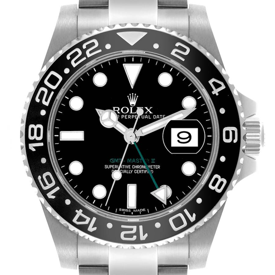 The image shows a front view of the Rolex GMT-Master II, highlighting the bezel, dial, hands, and date display.