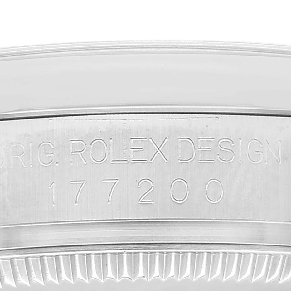 The image shows a close-up of the side of a Mid-Size Rolex watch with the model number 177200 engraved.