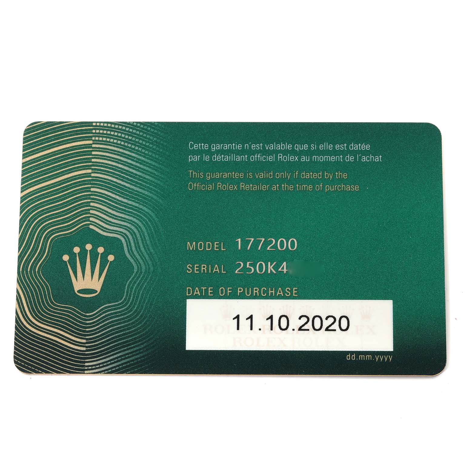 The image shows a guarantee card for a Rolex Mid-Size 177200 Women
s Stainless Steel White Dial 177200 Women
s Stainless Steel White Dial Model 177200 with serial number 250K4 and the purchase date of 11.10.2020.