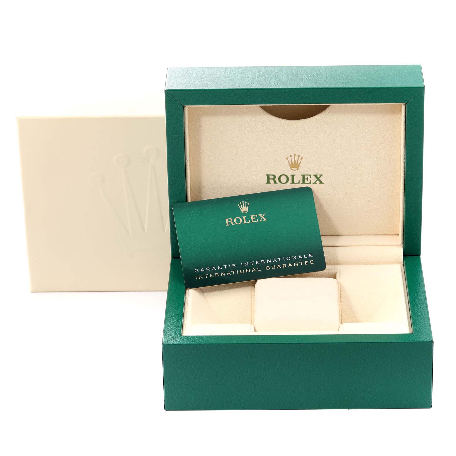 The image shows a Rolex Mid-Size 177200 Women
s Stainless Steel White Dial 177200 Women
s Stainless Steel White Dial watch box and guarantee card from a front angle.