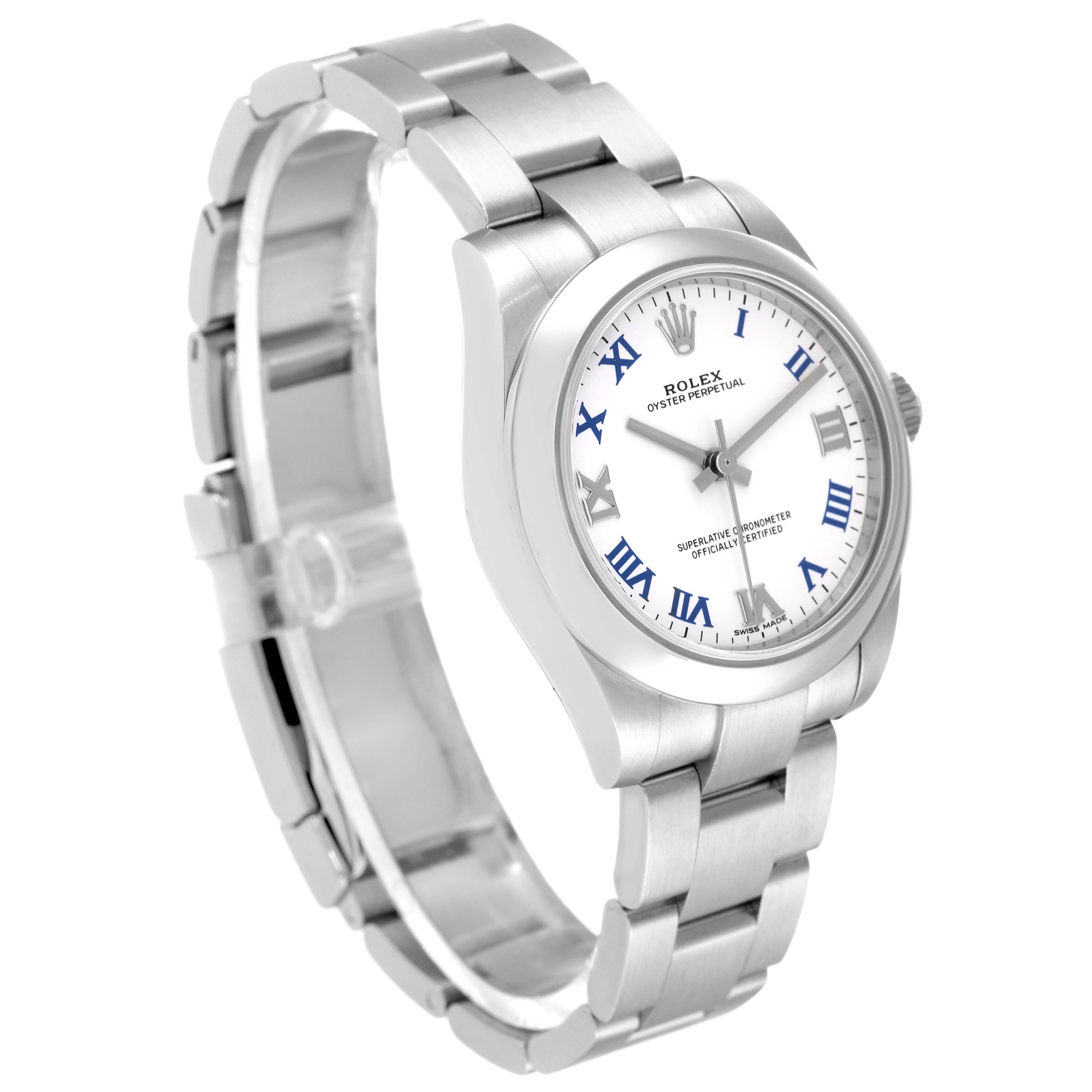 The image shows a side angle of the Mid-Size Rolex Oyster Perpetual watch, highlighting the face, bezel, bracelet, and clasp.