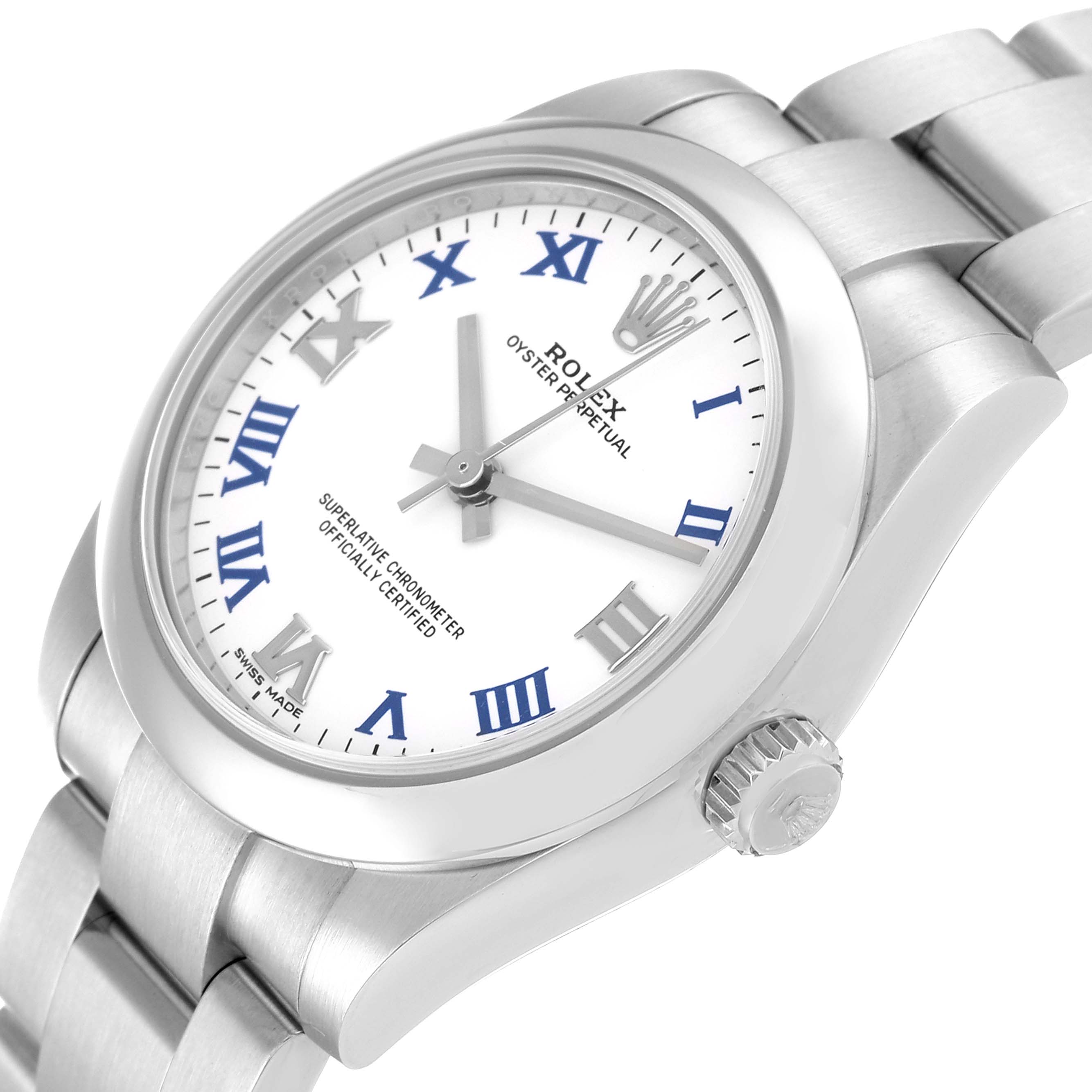 The image shows a slight side angle of a Rolex Mid-Size 177200 Women
s Stainless Steel White Dial 177200 Women
s Stainless Steel White Dial model, highlighting the dial, Roman numerals, case, and part of the bracelet.