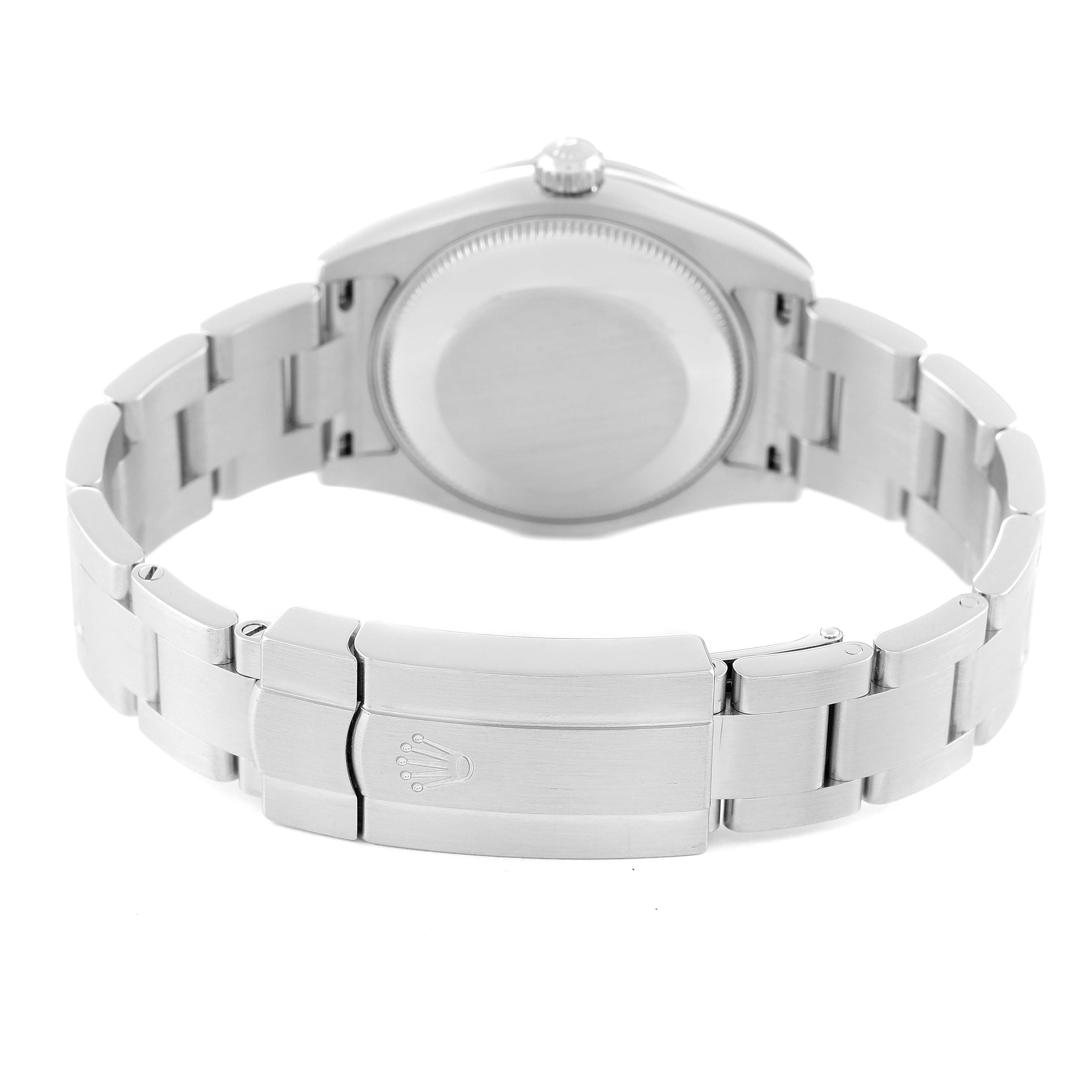 This image shows a rear view of the case and bracelet of a Mid-Size Rolex watch.