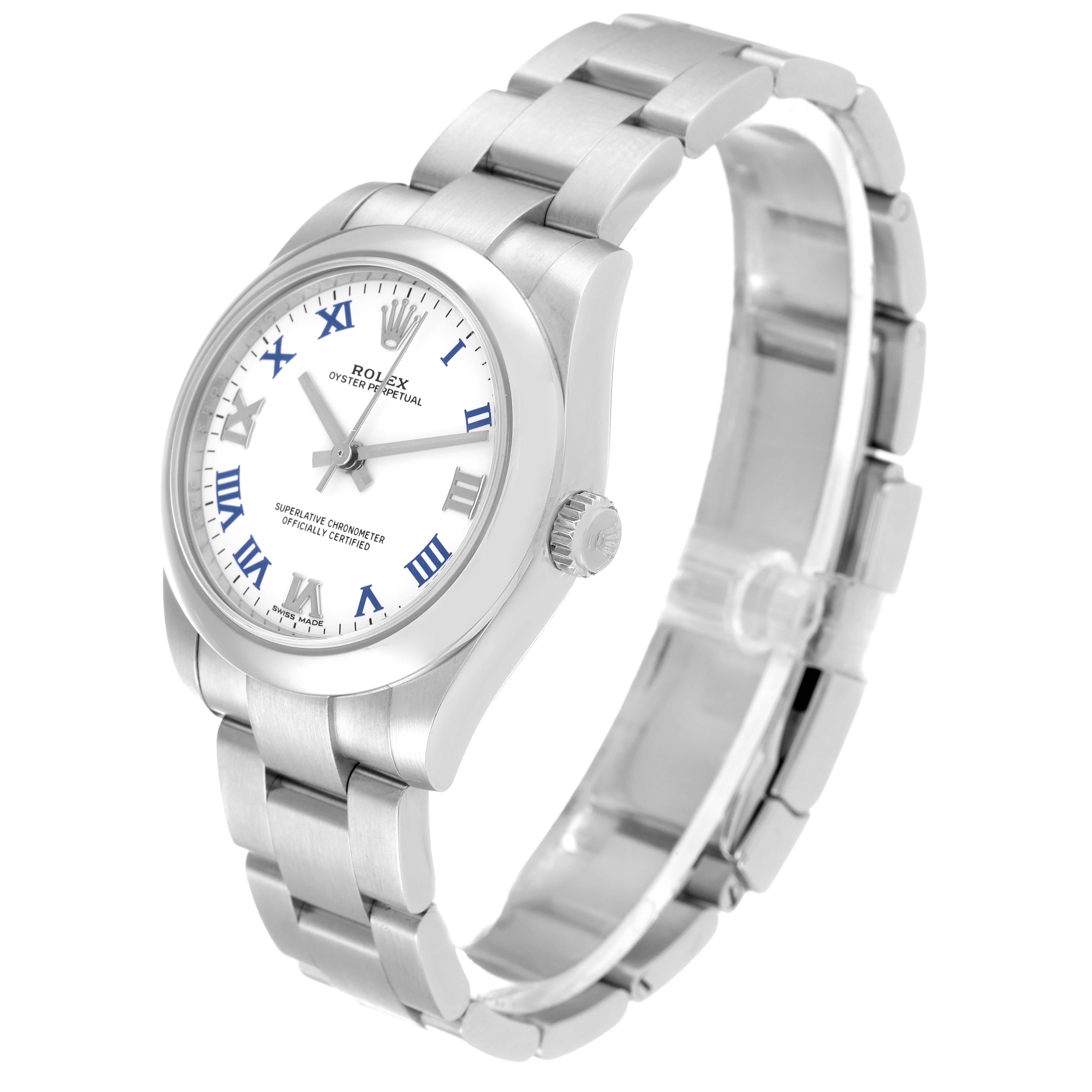 The image shows a side angle of the Rolex Mid-Size 177200 Women
s Stainless Steel White Dial 177200 Women
s Stainless Steel White Dial model, highlighting the face, case, crown, and bracelet.