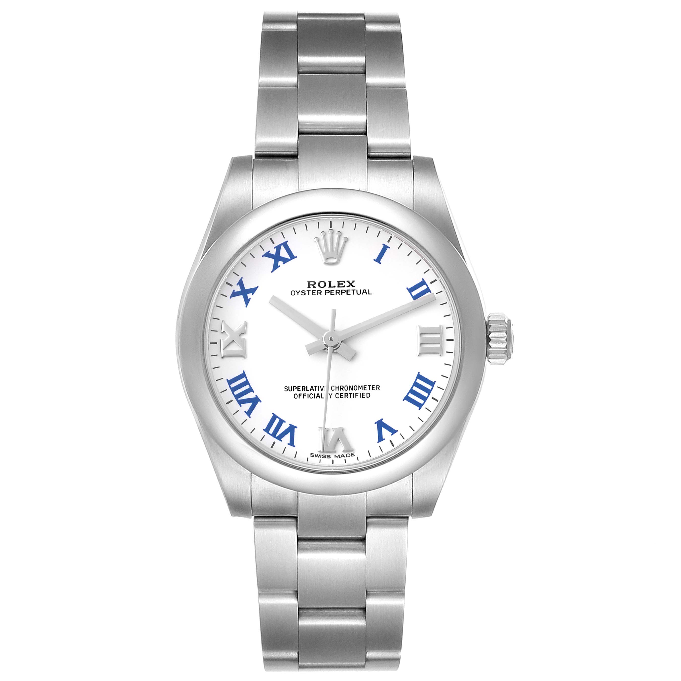 This is a front view of the Rolex Oyster Perpetual Mid-Size watch, displaying the dial, bezel, and bracelet.