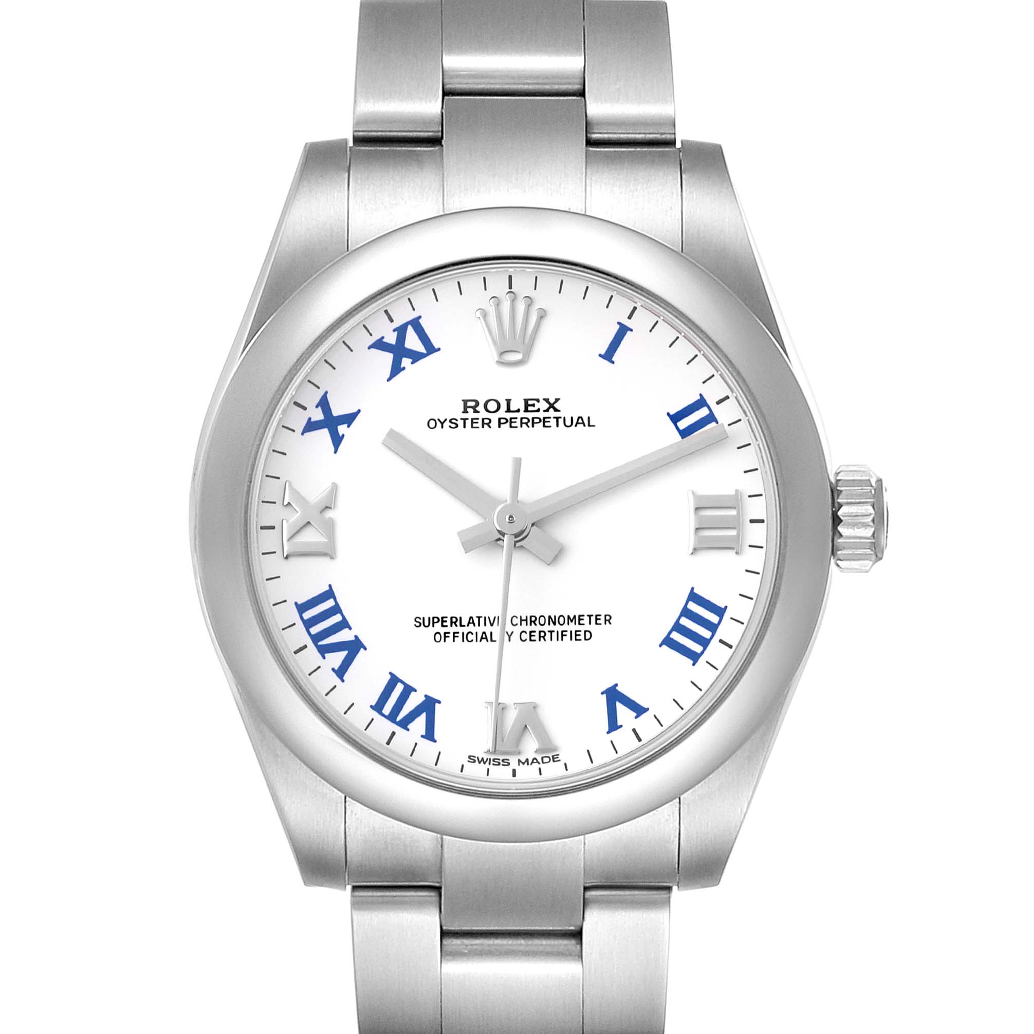 This image shows a front view of a Rolex Mid-Size 177200 Women
s Stainless Steel White Dial 177200 Women
s Stainless Steel White Dial Oyster Perpetual watch, highlighting the dial, bracelet, and crown.