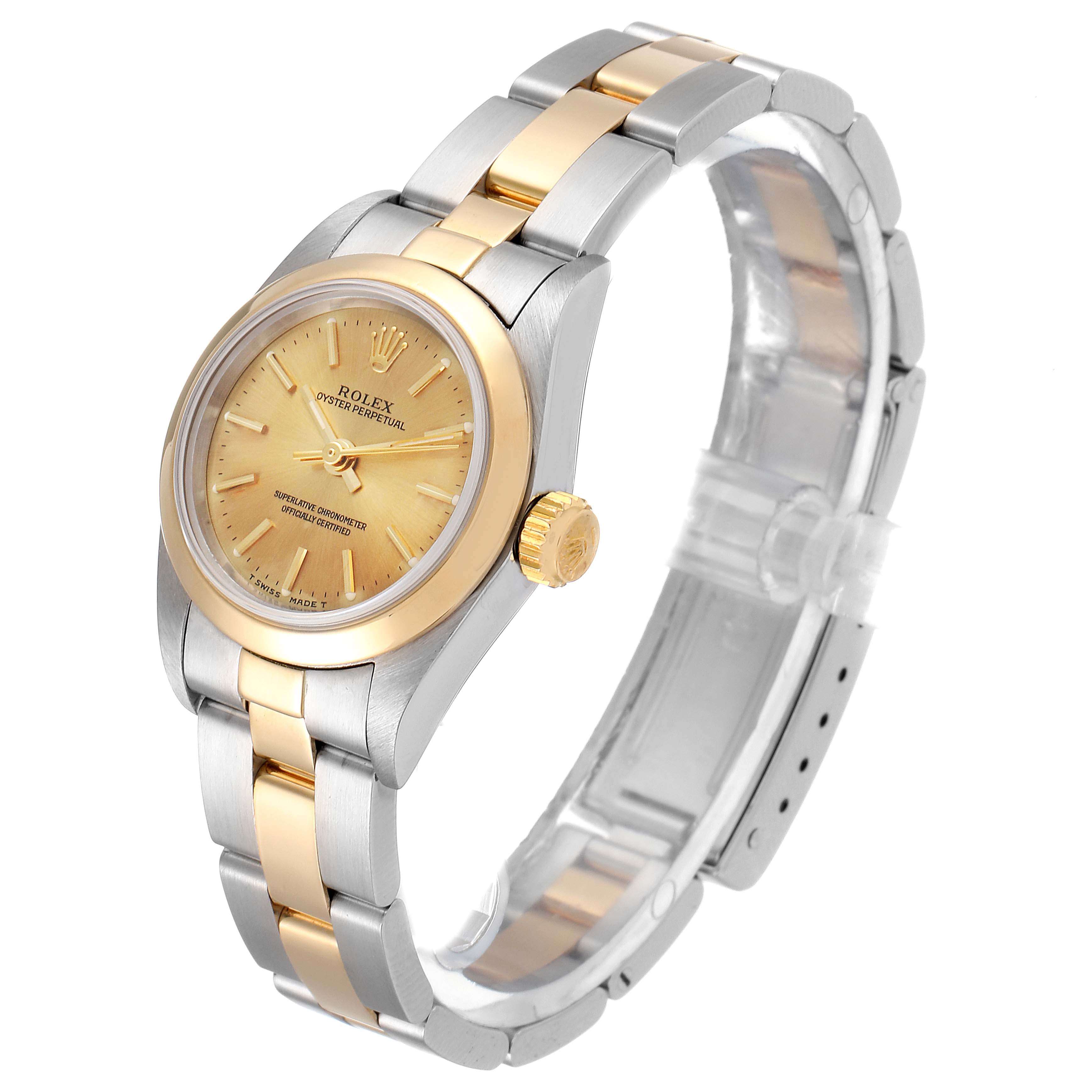 The image shows a Rolex Oyster Perpetual 67183 Women's Steel and Gold (two tone) Champagne Dial 67183 Women's Steel and Gold (two tone) Champagne Dial watch at a three-quarter angle, highlighting its gold and silver band, dial, and crown.