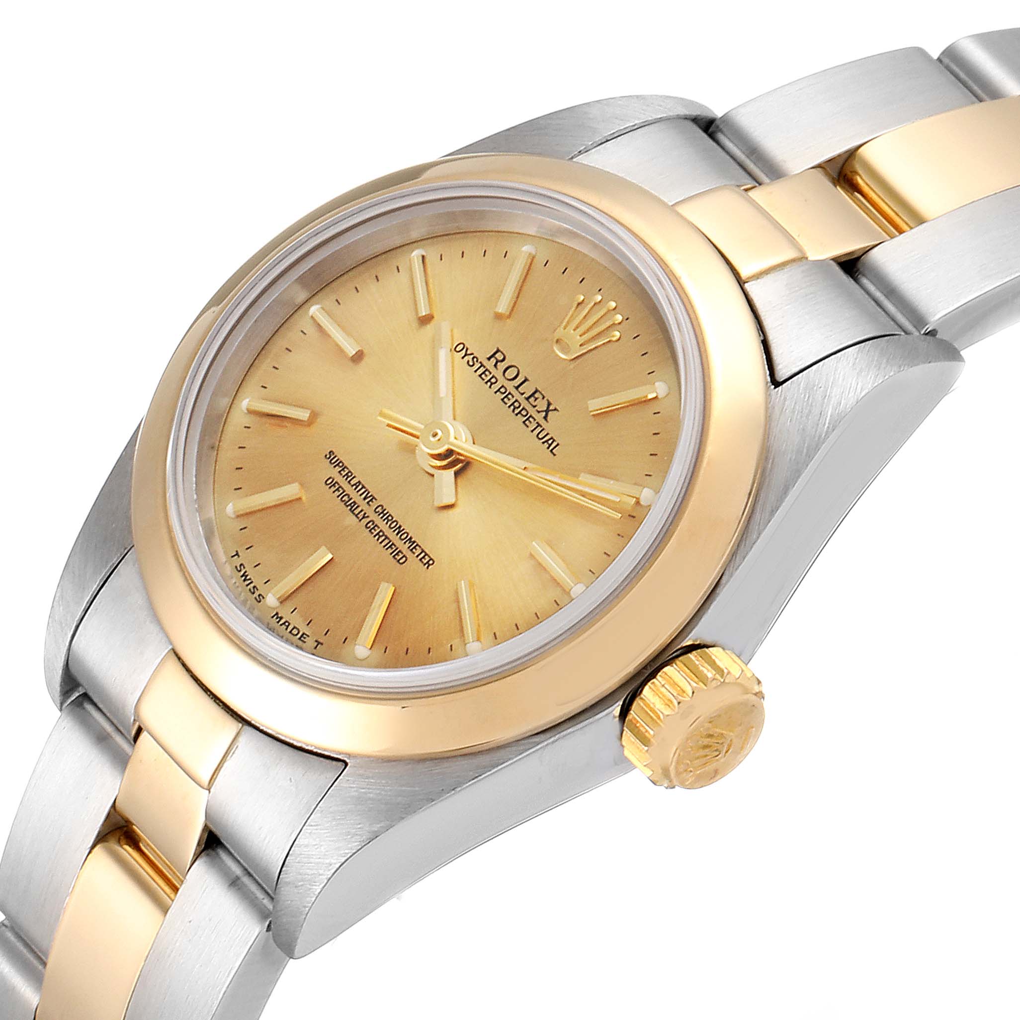 The Rolex Oyster Perpetual 67183 Women's Steel and Gold (two tone) Champagne Dial 67183 Women's Steel and Gold (two tone) Champagne Dial watch is shown at an angle, highlighting its dial, case, bracelet, and crown.