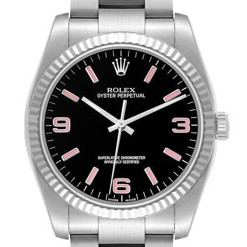The Rolex Oyster Perpetual 116034 Men's Stainless Steel Black Dial watch is shown from a front angle, highlighting its dial, hands, bezel, and part of the bracelet.