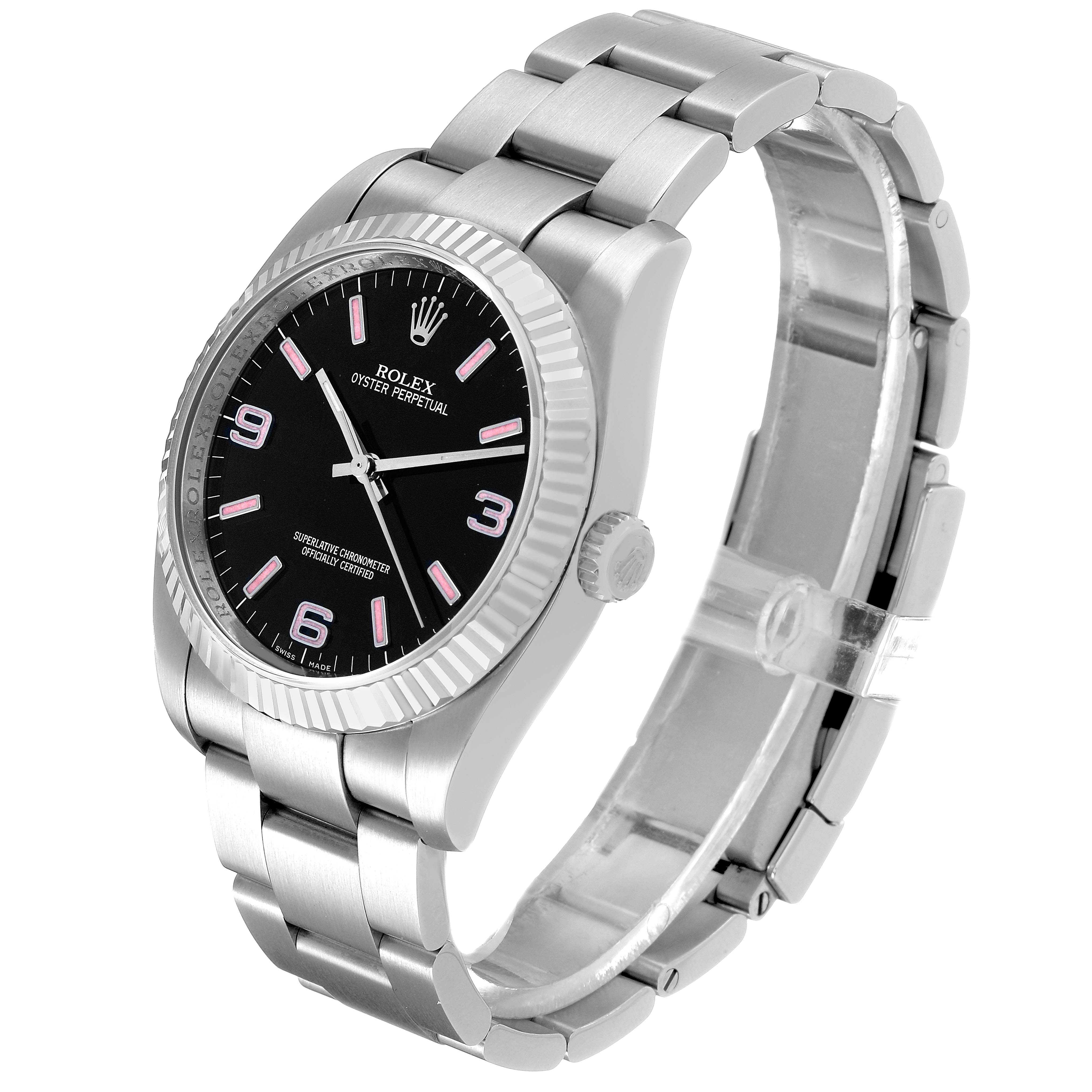 The image shows a Rolex Oyster Perpetual 116034 Men's Stainless Steel Black Dial watch at a slight angle, highlighting the face, bezel, crown, and bracelet.