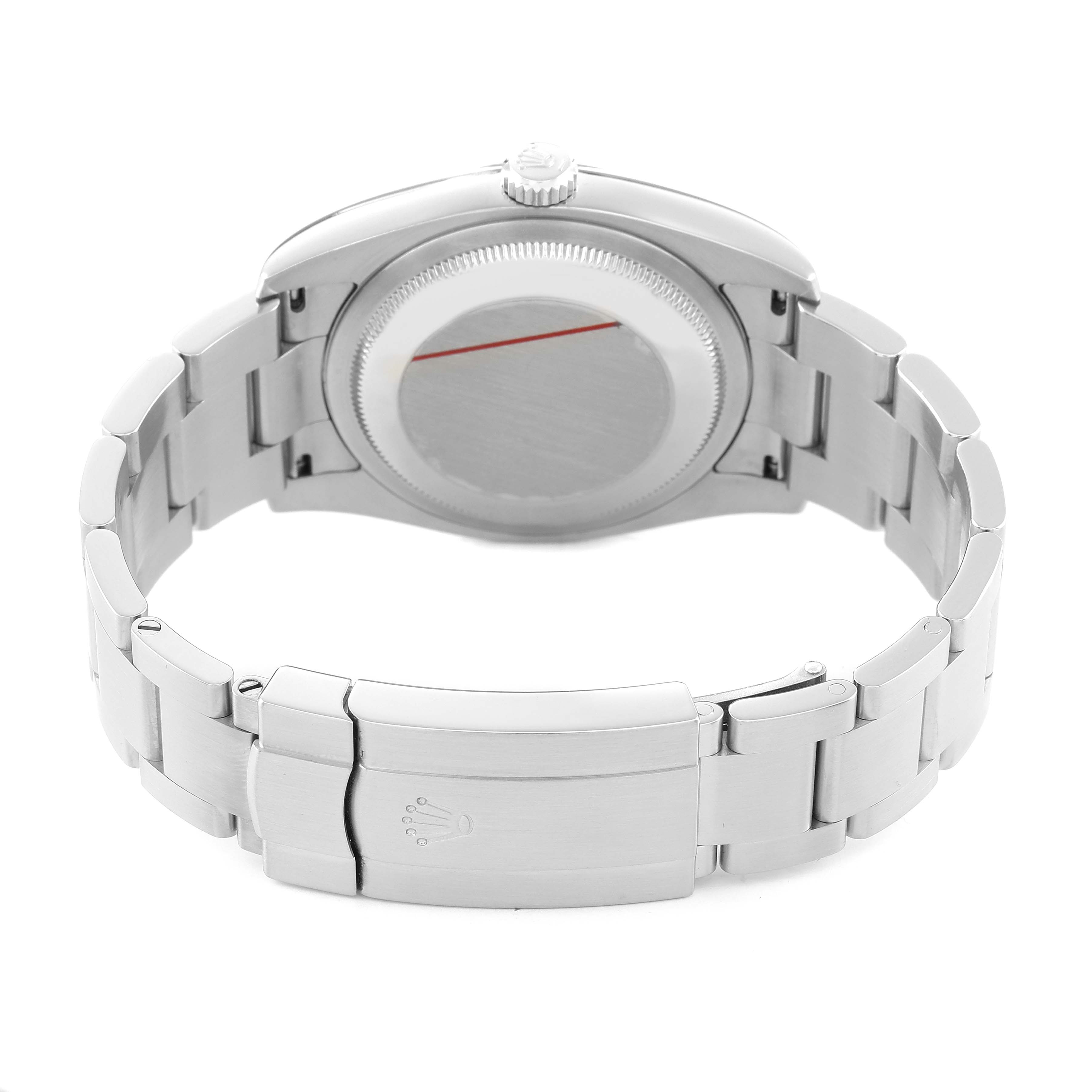 The image shows the back view of a Rolex Oyster Perpetual 116034 Men's Stainless Steel Black Dial, highlighting the bracelet and clasp.