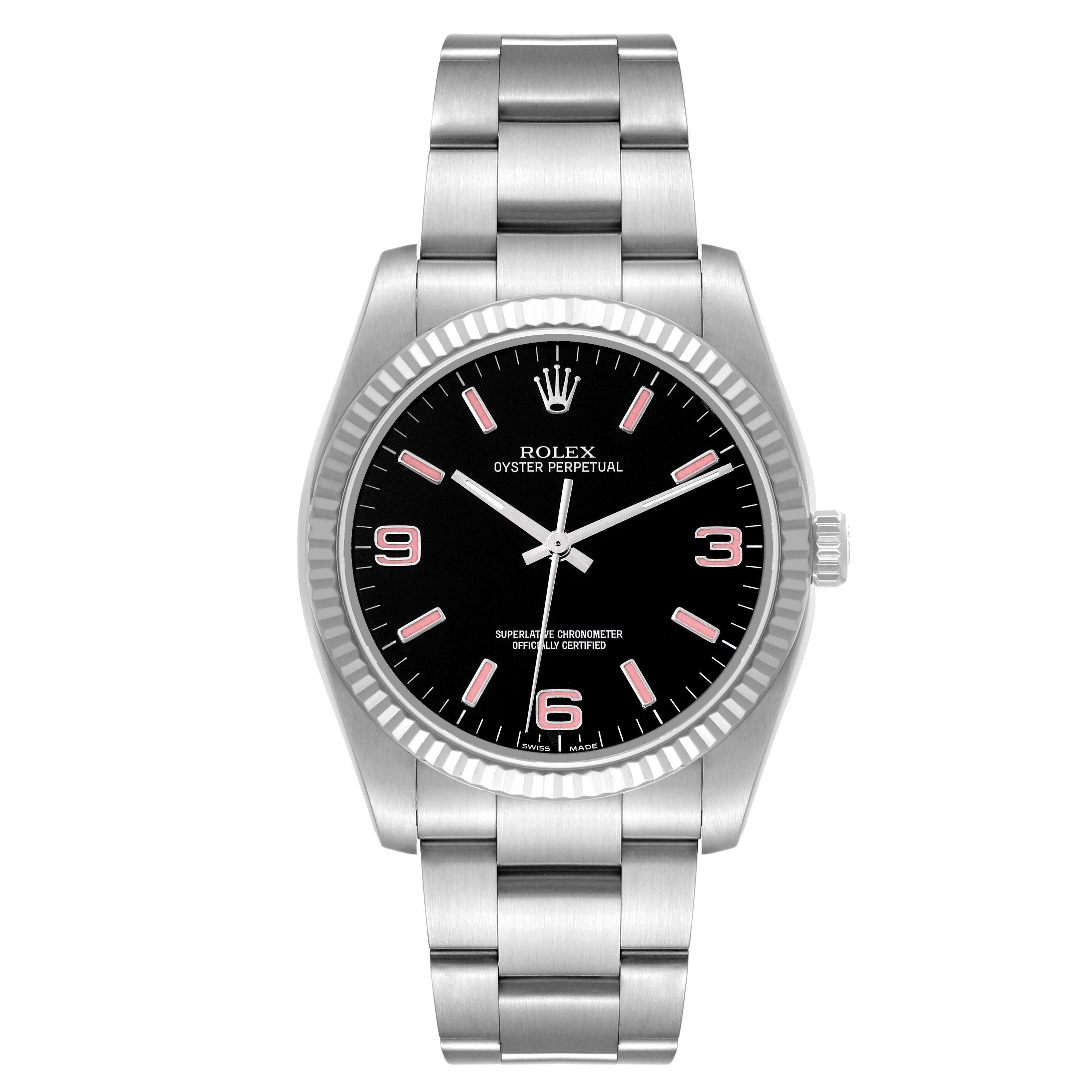 The Rolex Oyster Perpetual 116034 Men's Stainless Steel Black Dial watch is shown from a front angle, displaying the dial, bezel, and bracelet.