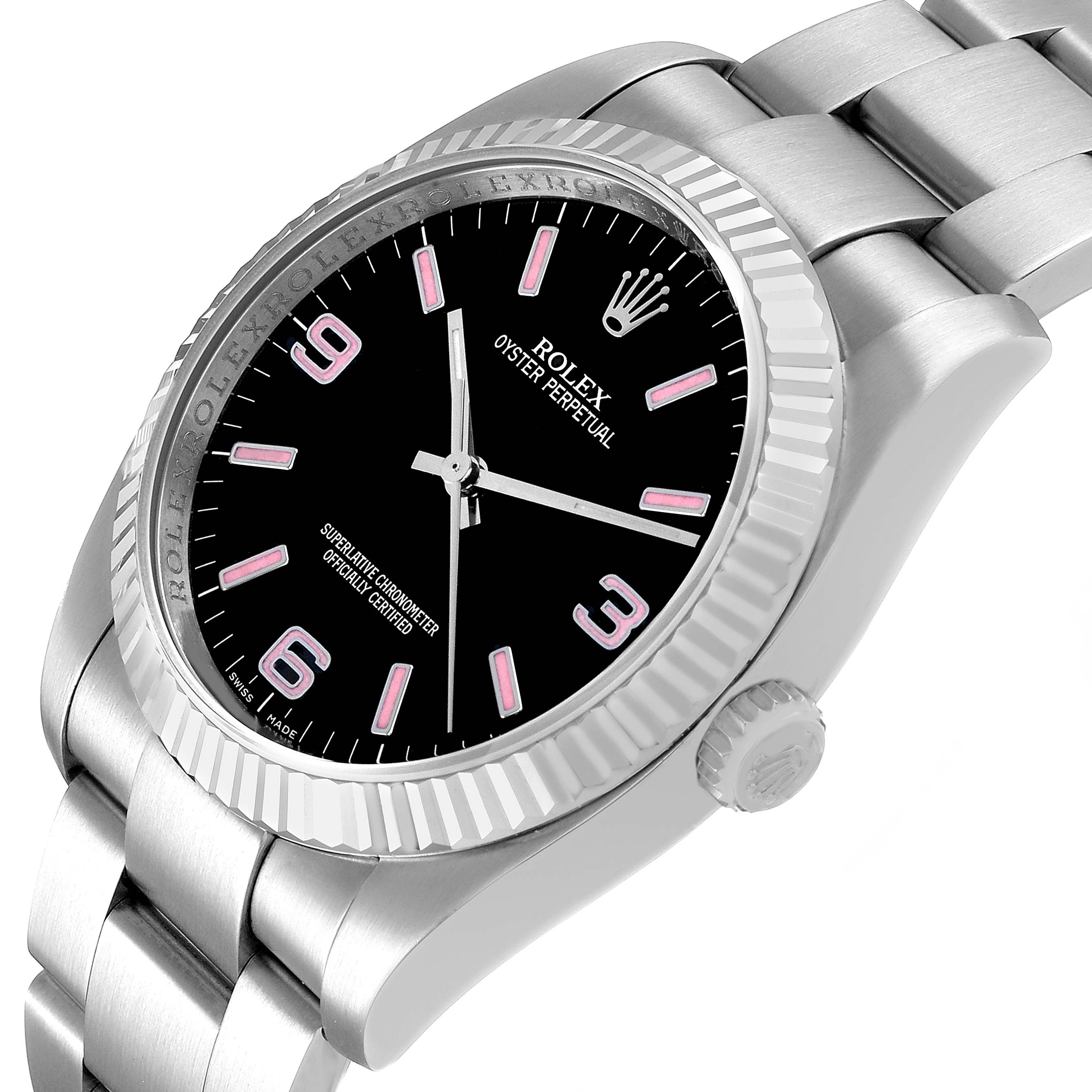 The Rolex Oyster Perpetual 116034 Men's Stainless Steel Black Dial watch is shown at an angle highlighting the face, bezel, crown, and part of the bracelet.
