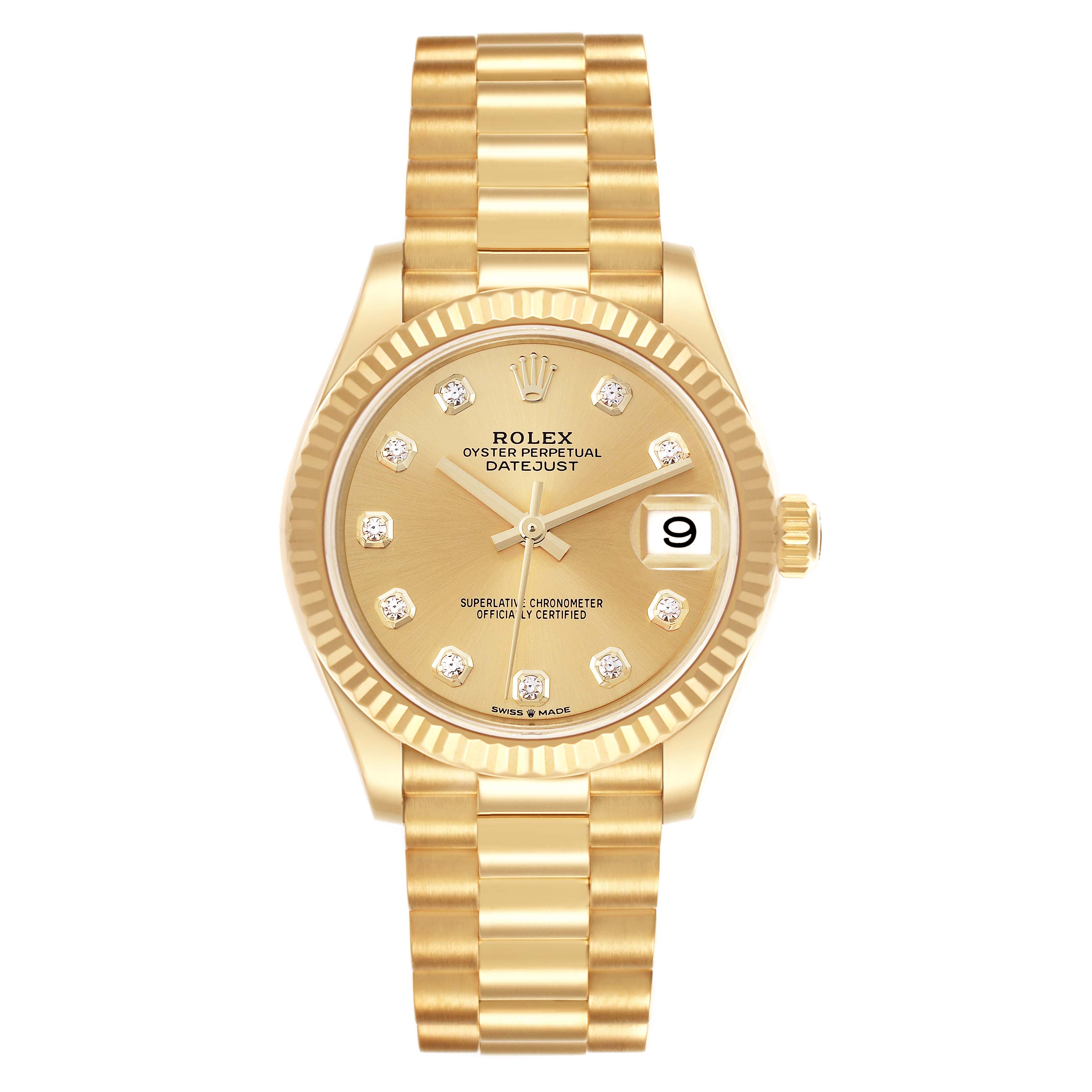 The Rolex President 278278 Women
s Yellow Gold Champagne Dial 278278 Women
s Yellow Gold Champagne Dial model is shown from a top view, highlighting the gold bracelet, fluted bezel, and diamond hour markers.