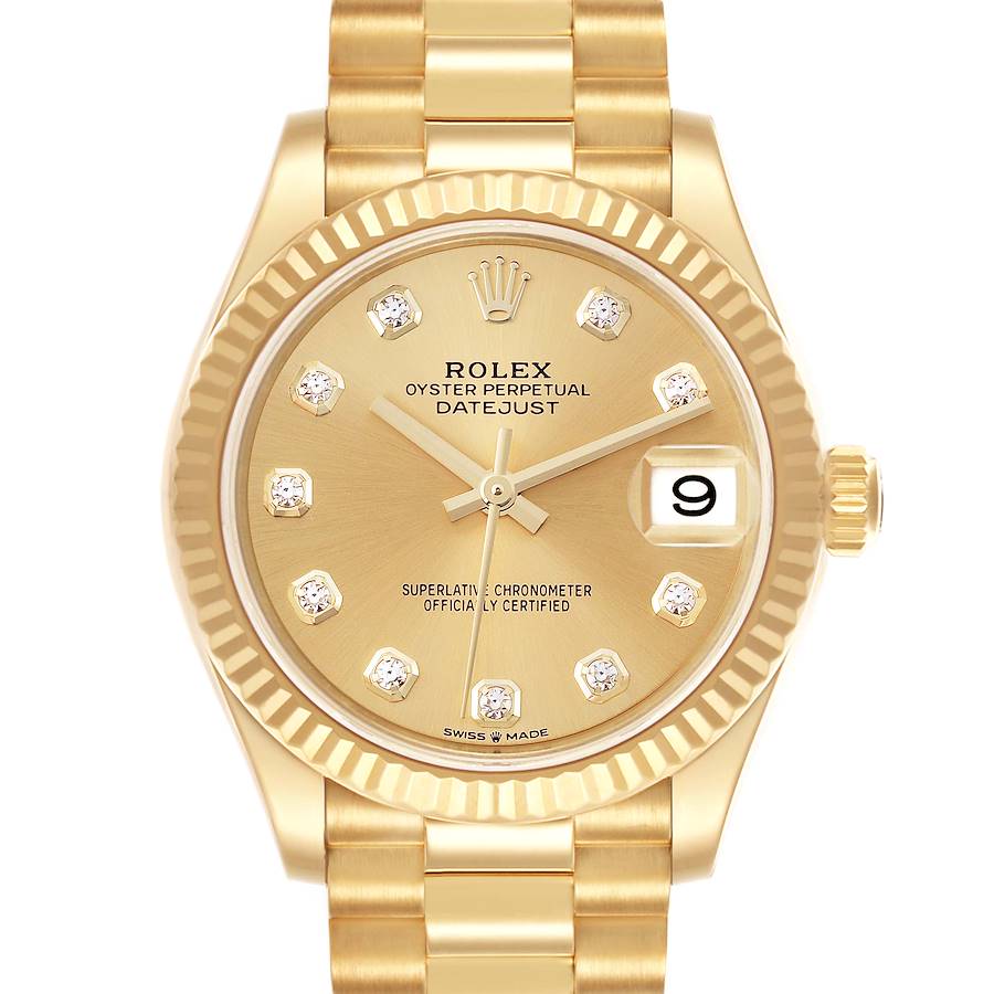 The Rolex President model is shown from a straight-on angle, highlighting the dial, bezel, and bracelet.