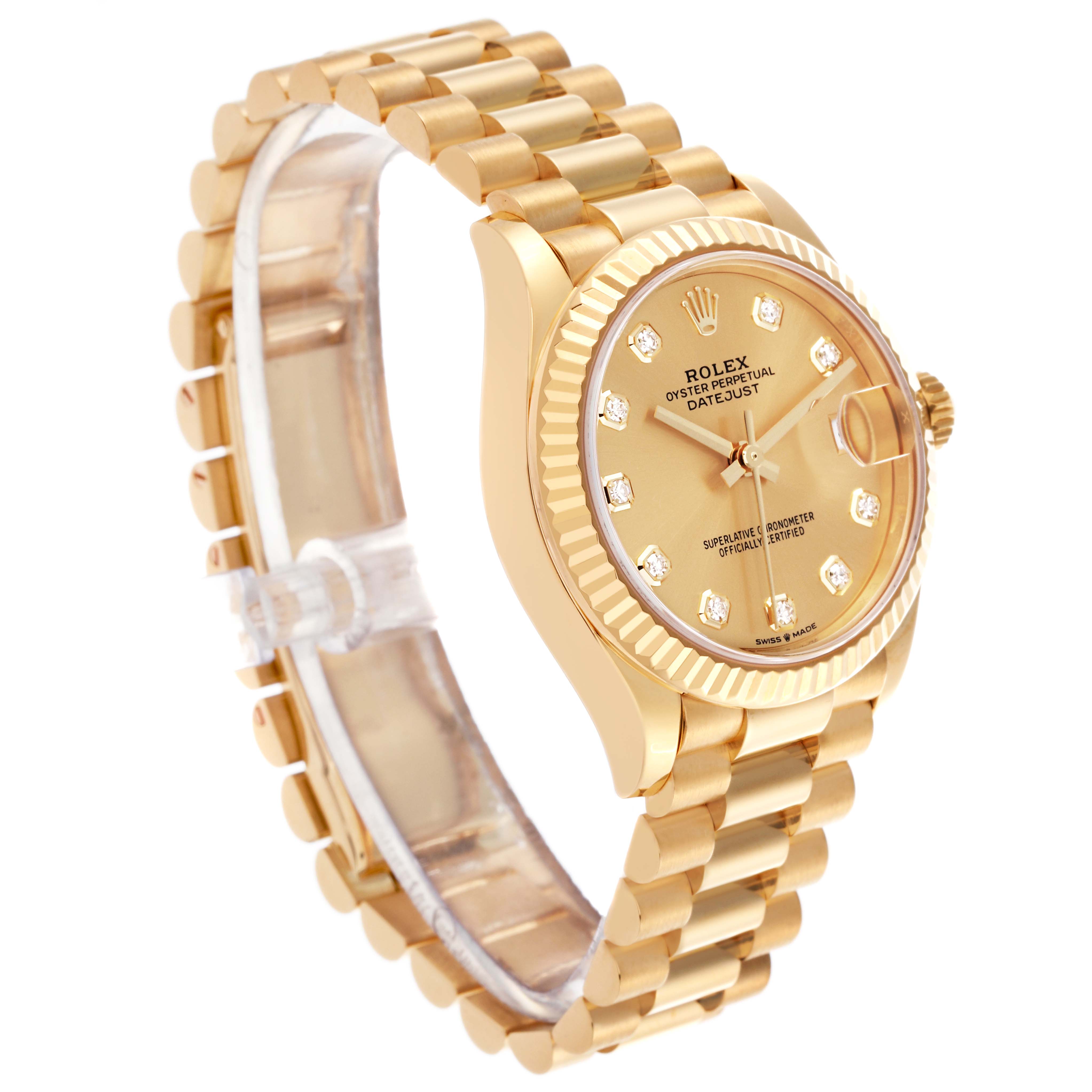 The Rolex President 278278 Women
s Yellow Gold Champagne Dial 278278 Women
s Yellow Gold Champagne Dial model watch is shown at a slight angle, highlighting its gold bracelet, bezel, and diamond-set dial.