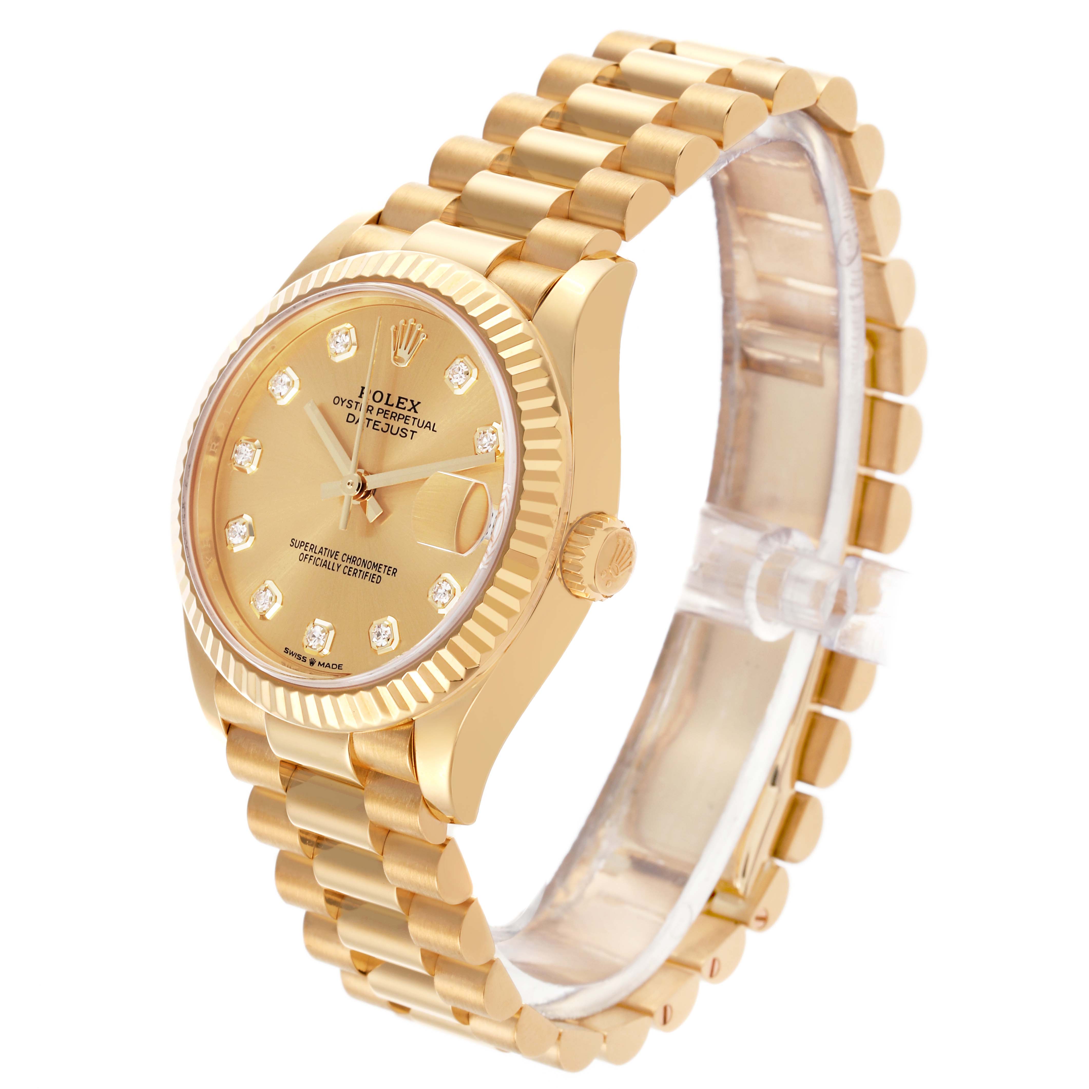 The Rolex President 278278 Women
s Yellow Gold Champagne Dial 278278 Women
s Yellow Gold Champagne Dial model is shown at a three-quarter angle, highlighting the dial, fluted bezel, and bracelet.