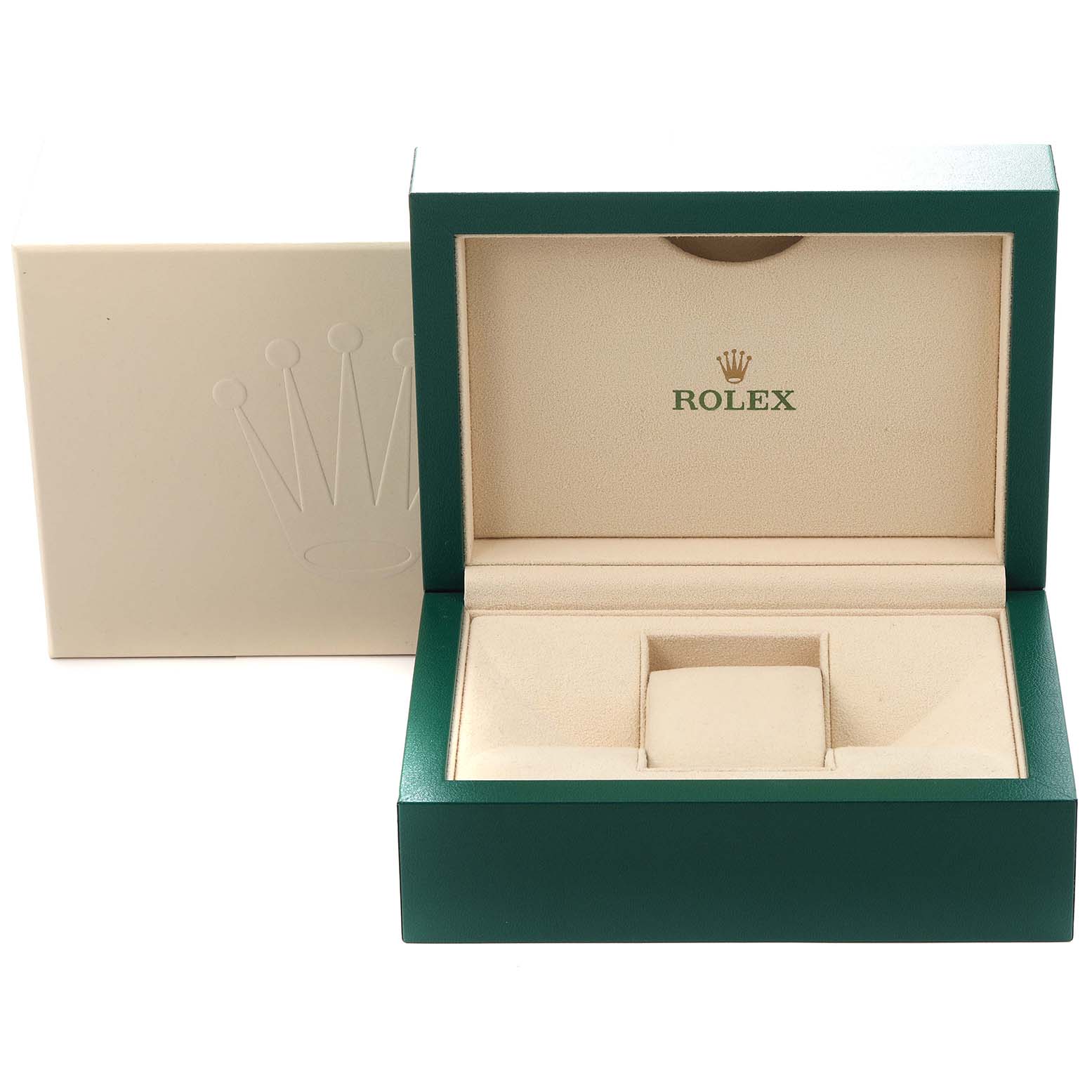 The image shows the open watch box of the Rolex President 278278 Women
s Yellow Gold Champagne Dial 278278 Women
s Yellow Gold Champagne Dial model, featuring green exterior and beige interior.
