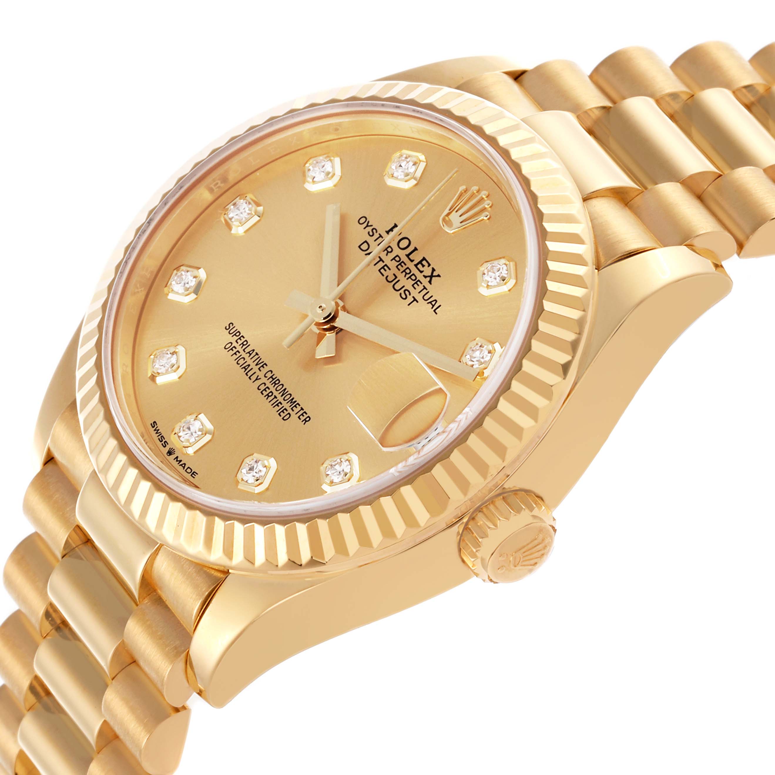 This image shows the Rolex President 278278 Women
s Yellow Gold Champagne Dial 278278 Women
s Yellow Gold Champagne Dial watch at an angle highlighting the face, bezel, bracelet, and crown.