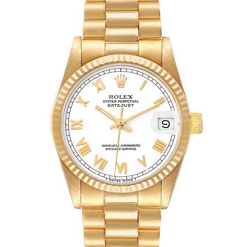 The Rolex President 68278 Women's Yellow Gold White Dial model is shown head-on, featuring the dial, bezel, crown, and bracelet.