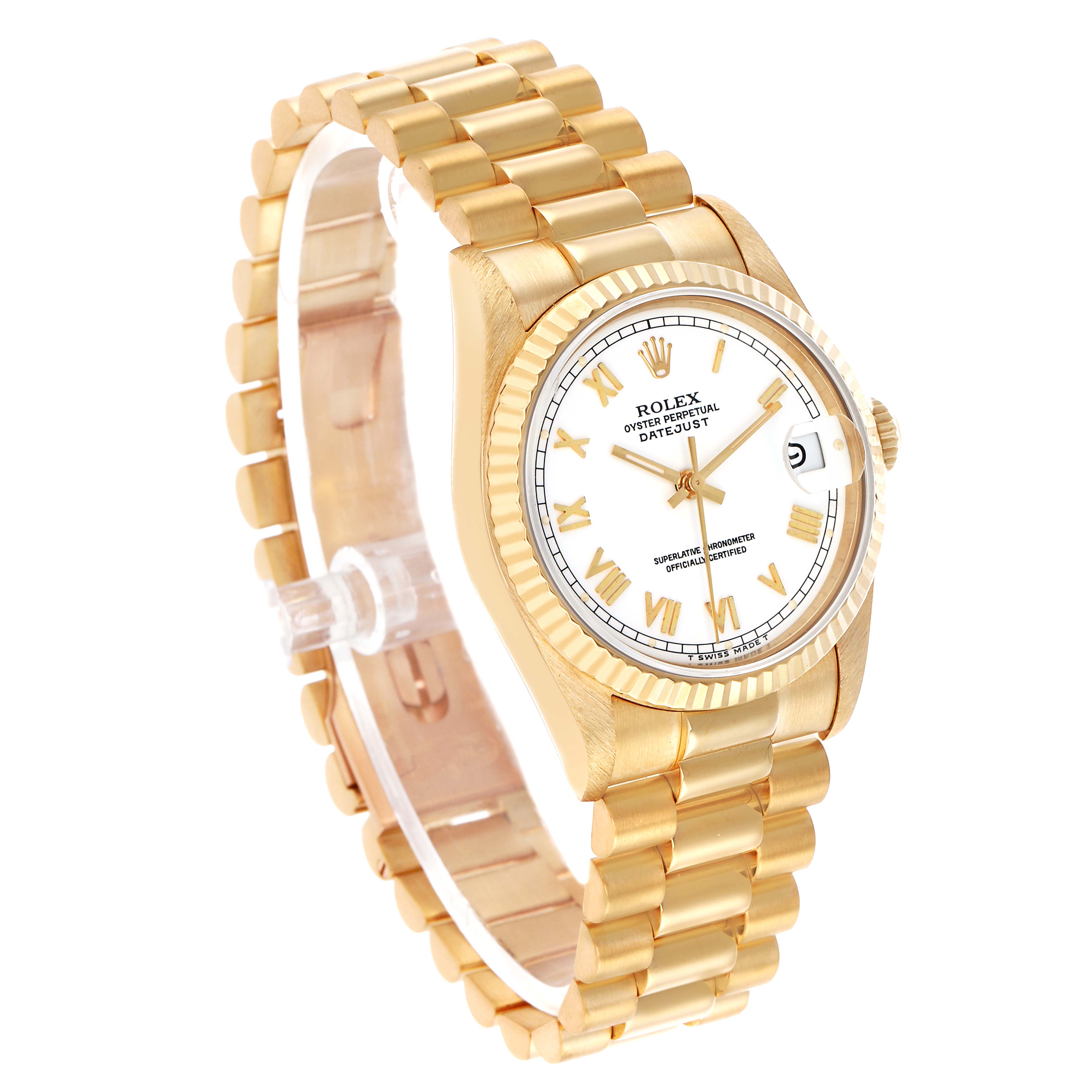 The Rolex President 68278 Women's Yellow Gold White Dial model watch is shown at an angle displaying the face, gold bracelet, bezel, and date window.
