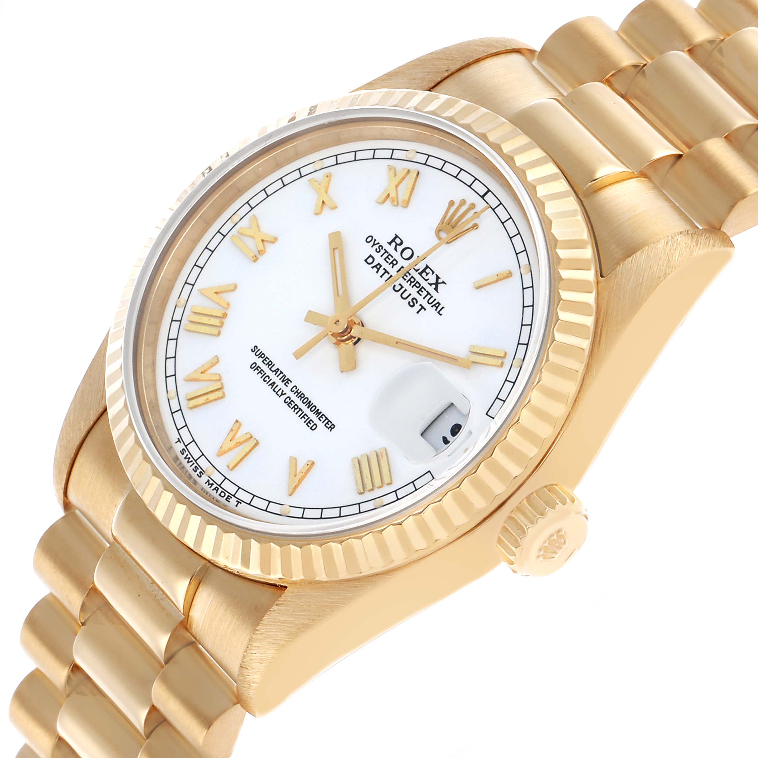 The Rolex President 68278 Women's Yellow Gold White Dial model watch is shown at a three-quarter angle, highlighting its gold case, fluted bezel, bracelet, and dial.