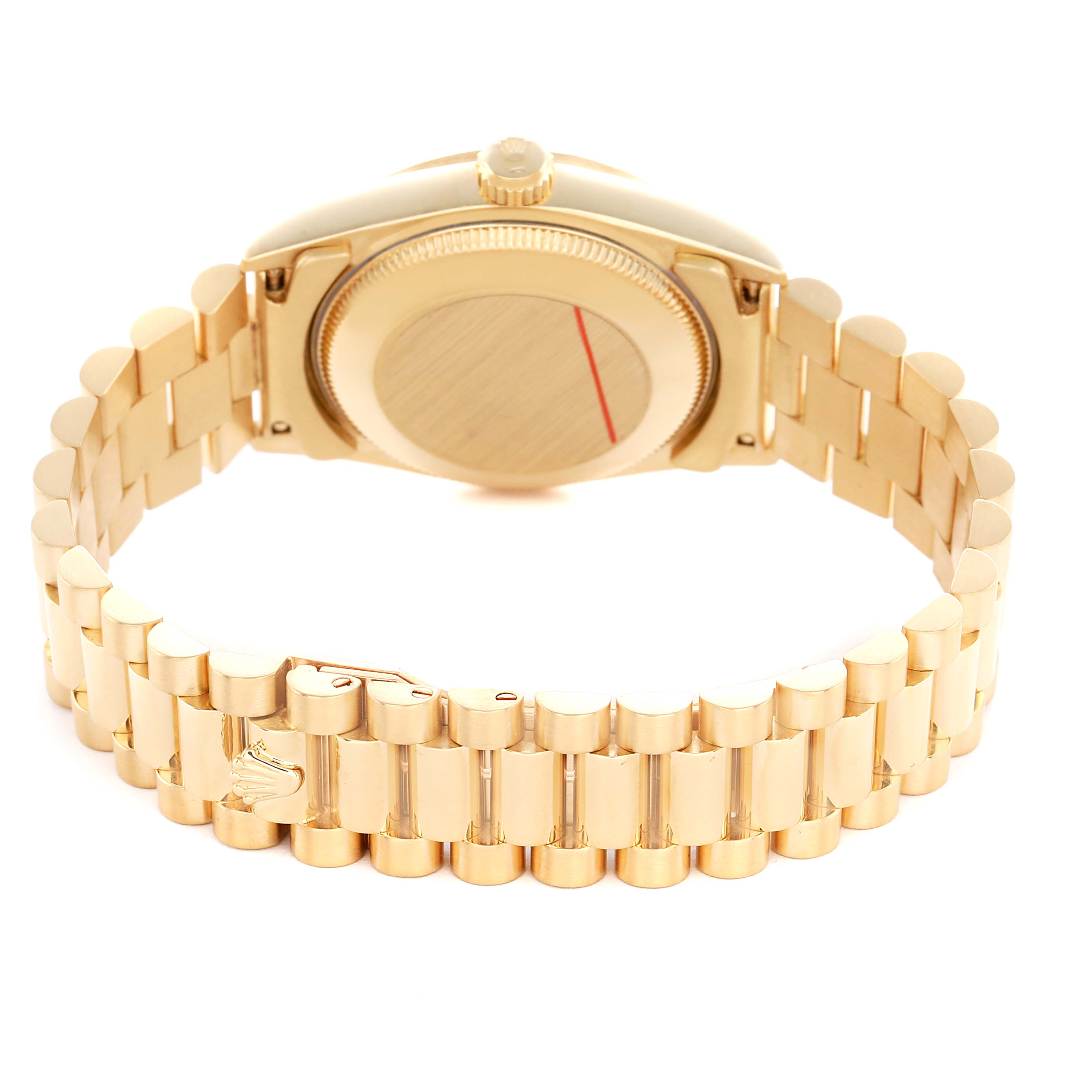 The Rolex President 68278 Women's Yellow Gold White Dial model is shown from the back, revealing the bracelet, clasp, and case back.