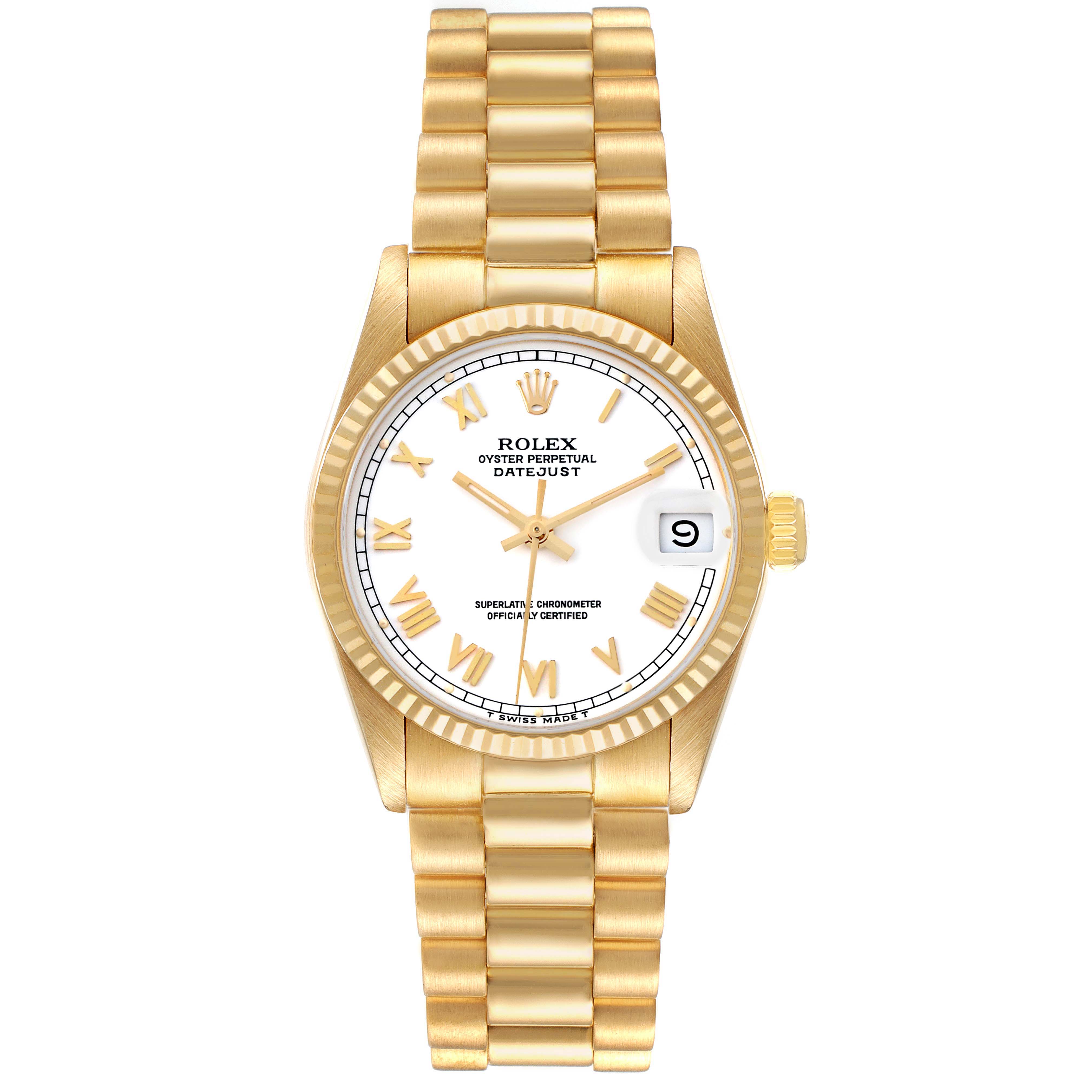 The Rolex President 68278 Women's Yellow Gold White Dial watch is shown from a top view, displaying the face, fluted bezel, crown, and full bracelet.