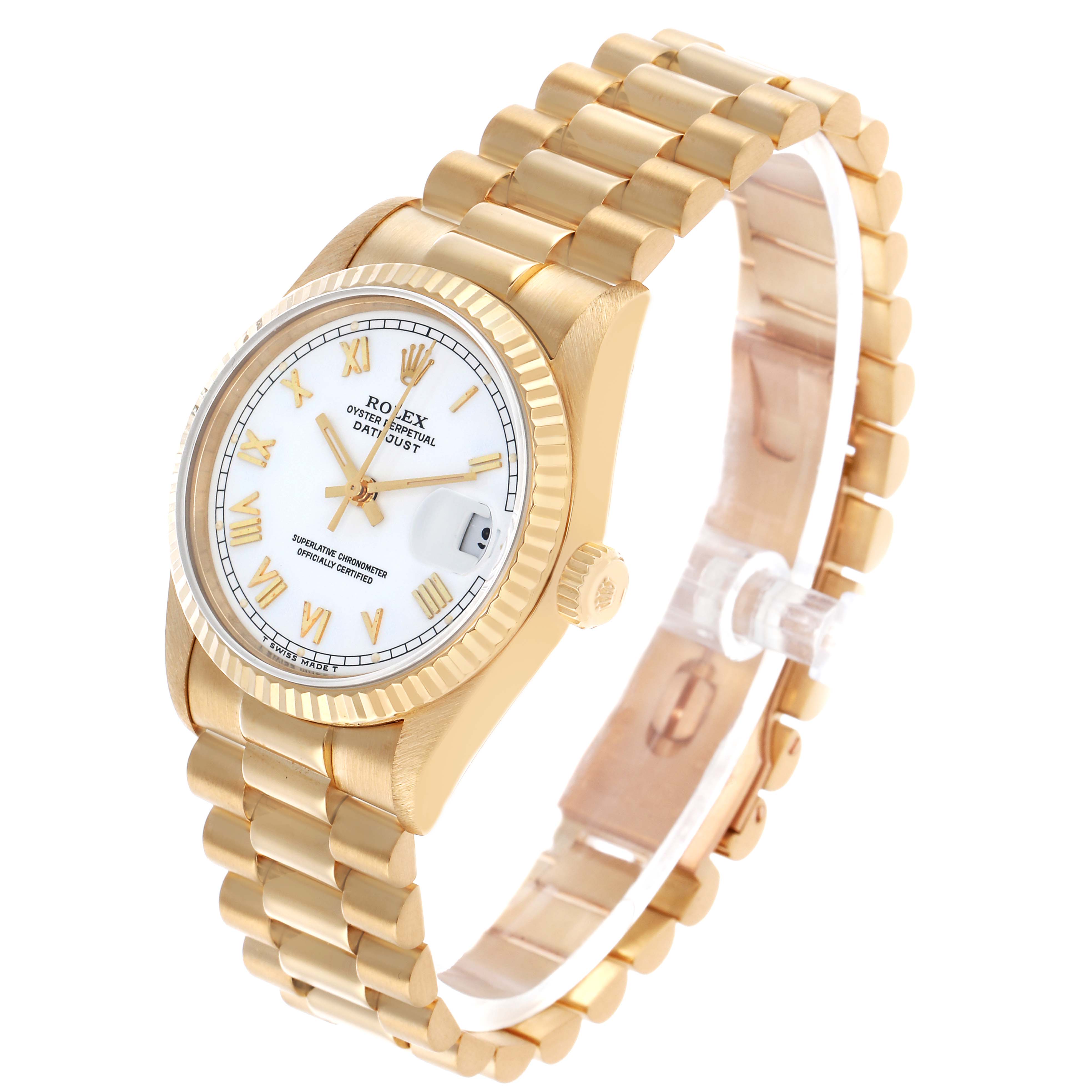 The Rolex President 68278 Women's Yellow Gold White Dial model is shown at a slight side angle, highlighting the watch face, bezel, crown, and part of the bracelet.