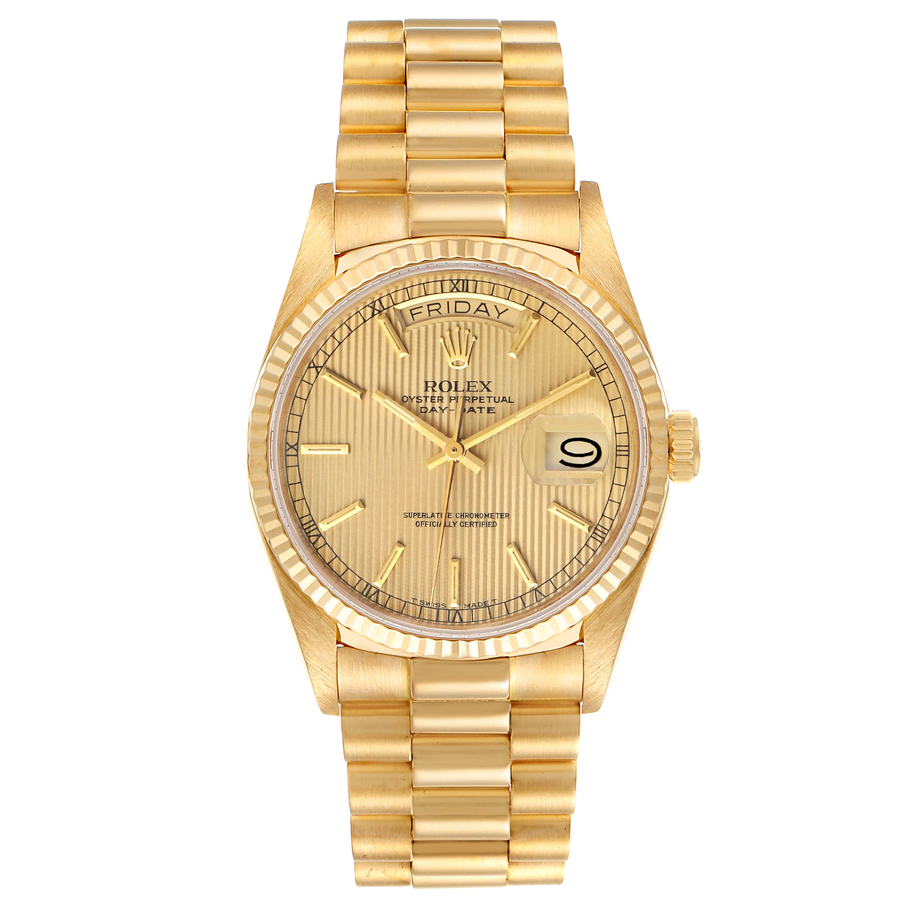 The image shows a frontal view of a Rolex President 18038 Men's Yellow Gold Champagne Dial 18038 Men's Yellow Gold Champagne Dial model watch, showcasing its gold dial, fluted bezel, and bracelet.