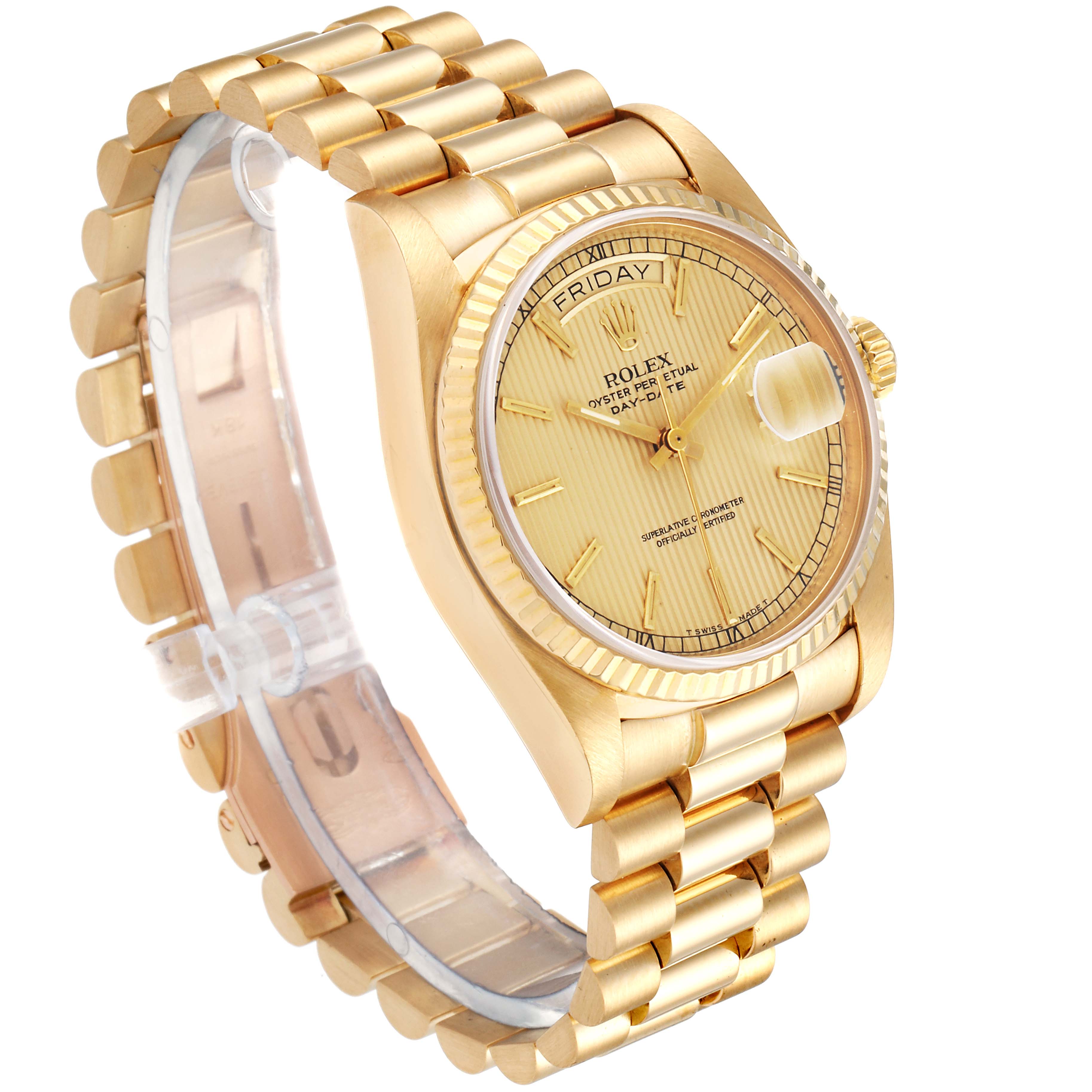 The image shows a Rolex President 18038 Men's Yellow Gold Champagne Dial 18038 Men's Yellow Gold Champagne Dial model watch at a three-quarter angle, highlighting the gold bracelet, dial, and case.